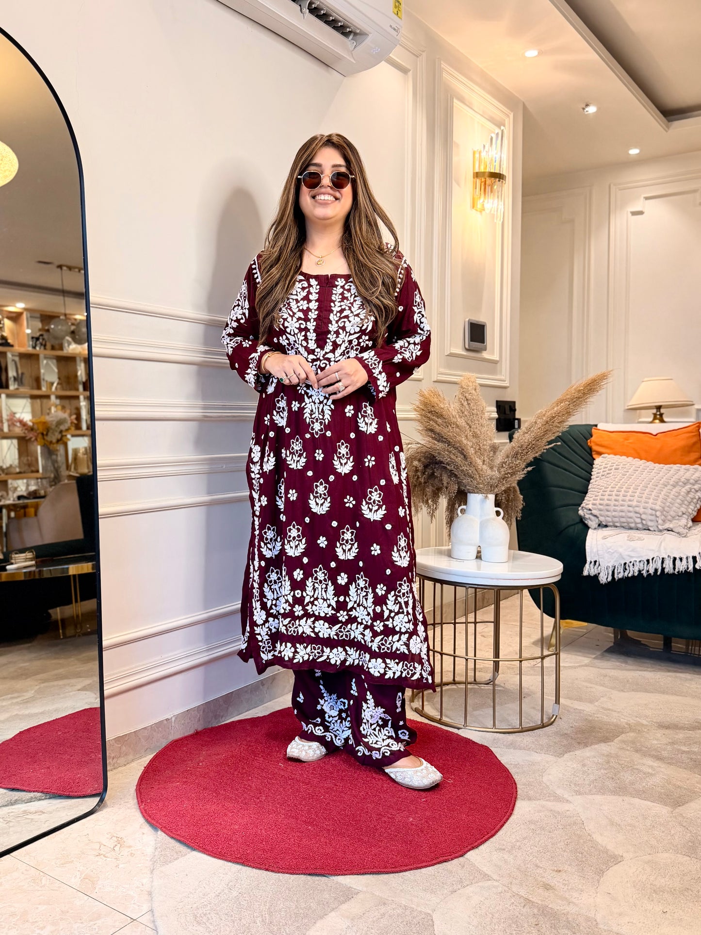 Hand embroidered 3D Chikankari Kurta set | Premium Modal| Mahroon