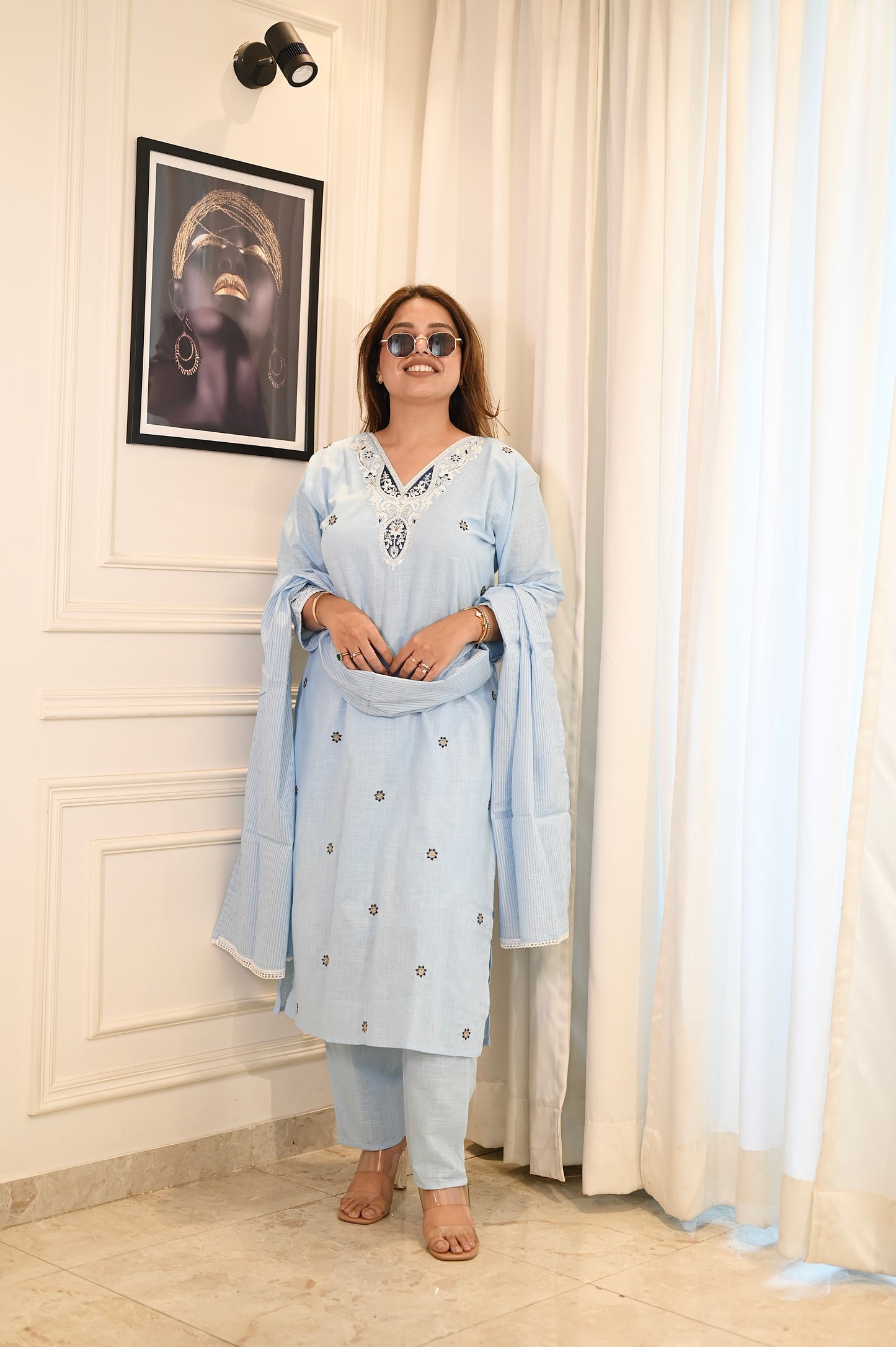 Elegant Sky Blue Cotton Suit Set