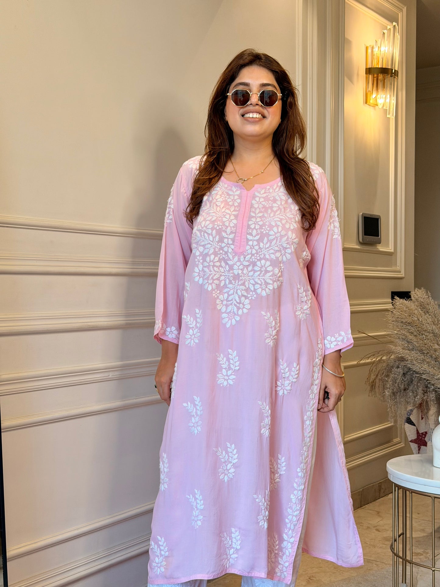 Hand Embroidered Chikankari Kurta | Modal | Pink