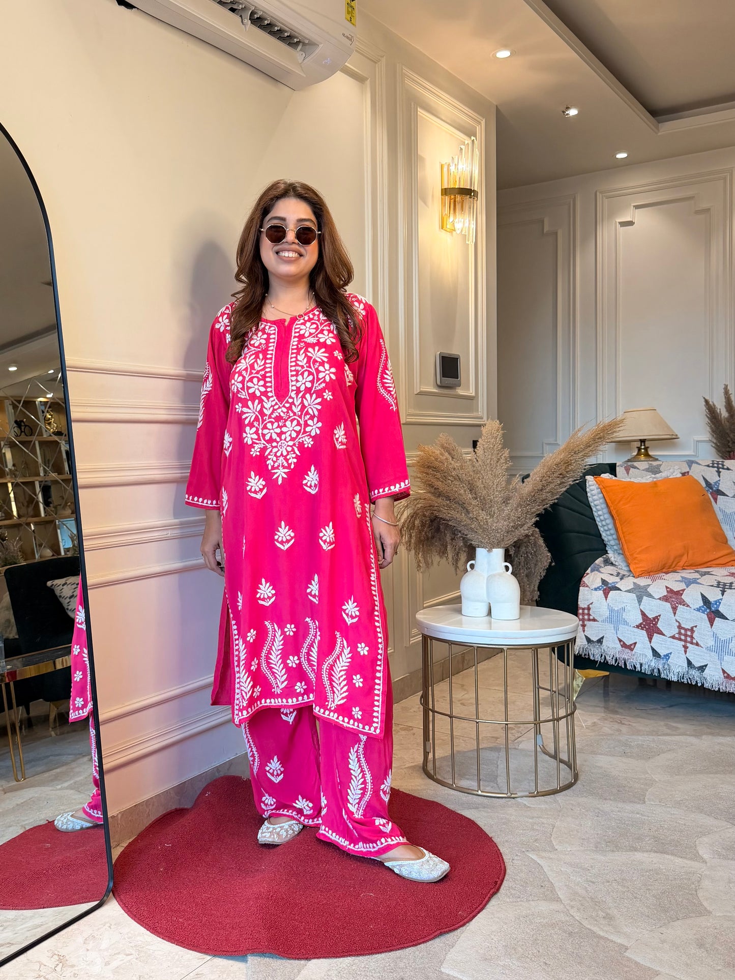 Hand Embroidered Chikankari Kurta set | Modal | Hot Pink
