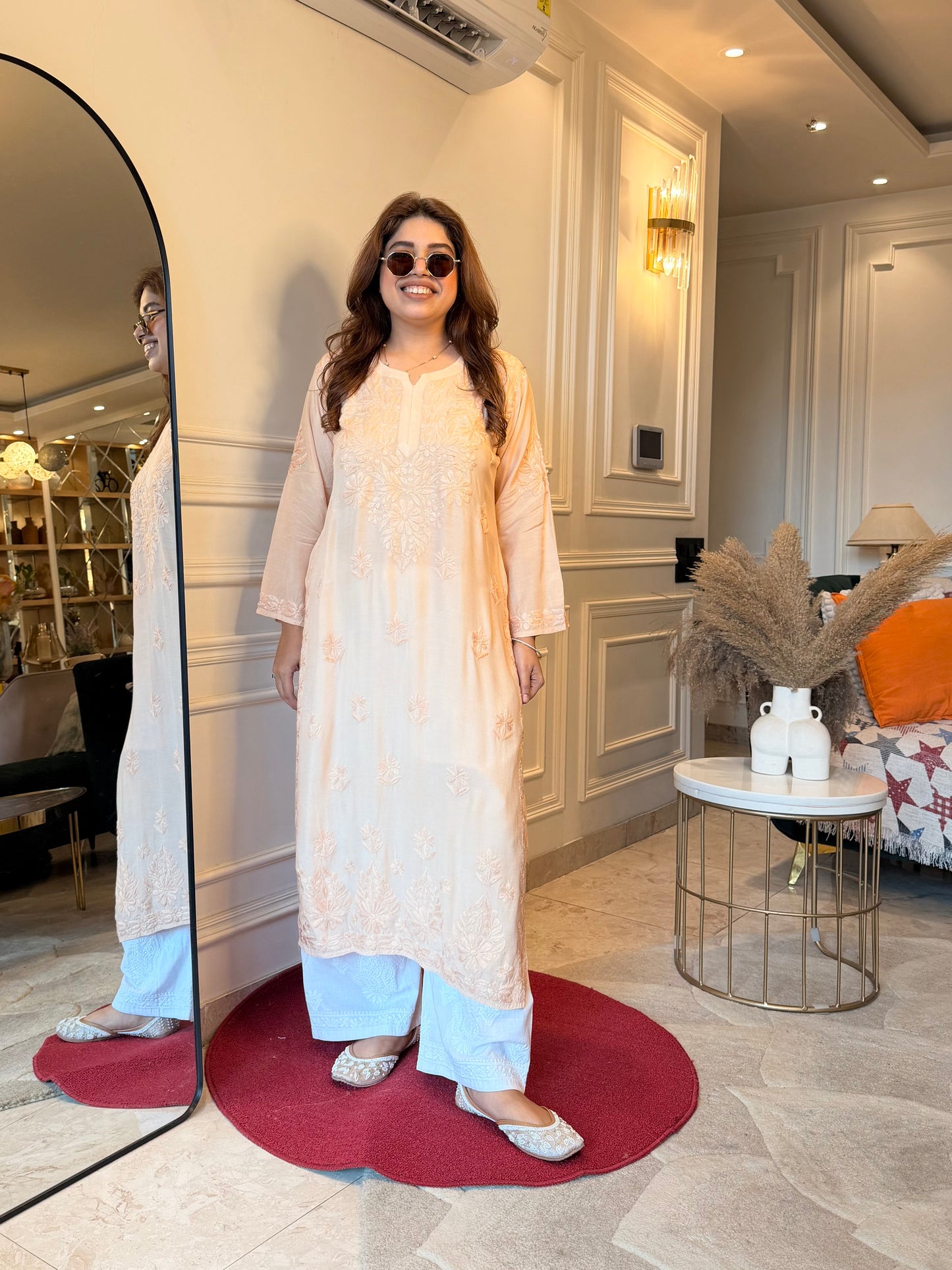 Hand embroidered Chikankari Kurta set | Mul Chanderi | Ivory colour