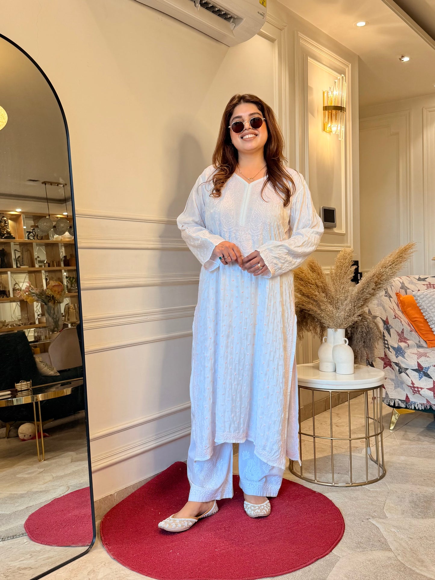 Hand Embroidered Chikankari Kurta  | Mul Chanderi | white with Pink| Plus Size