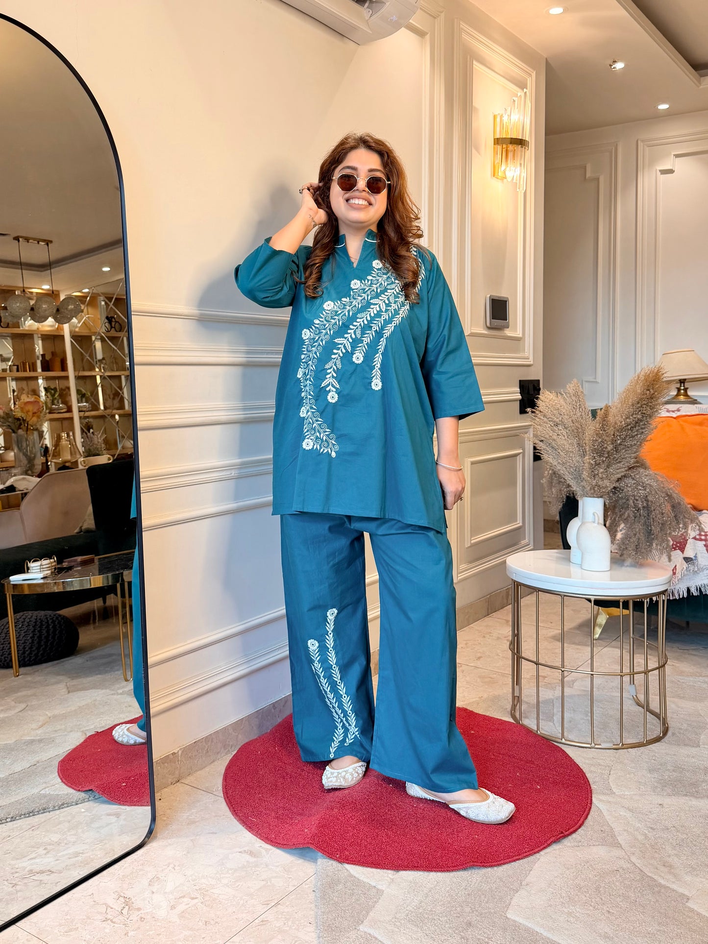 Premium Plus size Cordset with Embroidery |Teal Blue