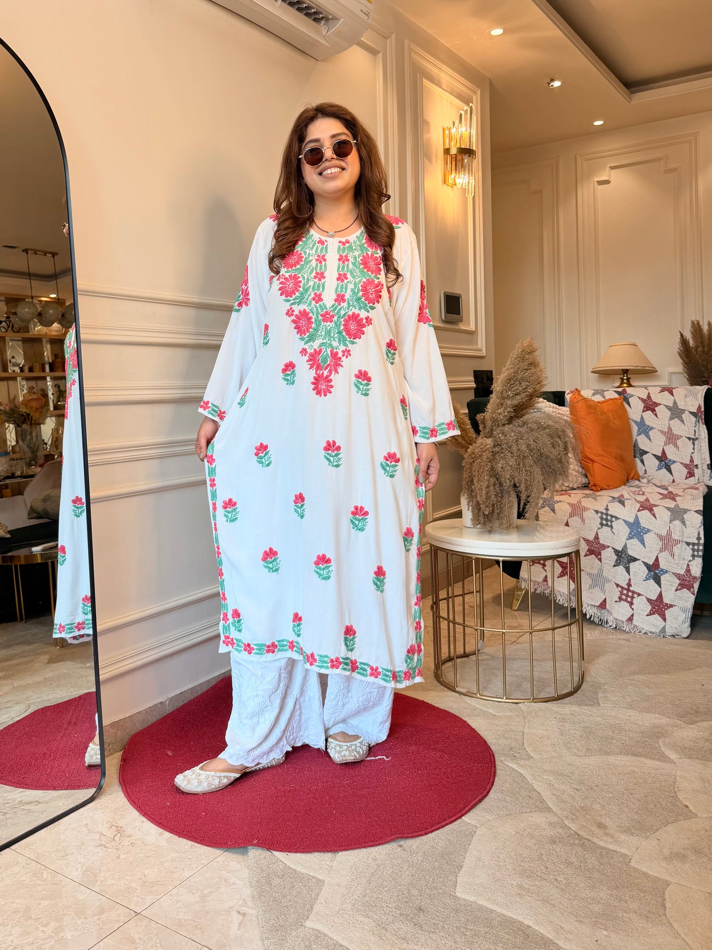 Hand embroidered Chikankari Kurta | Premium Cotton | White with Pink & Green