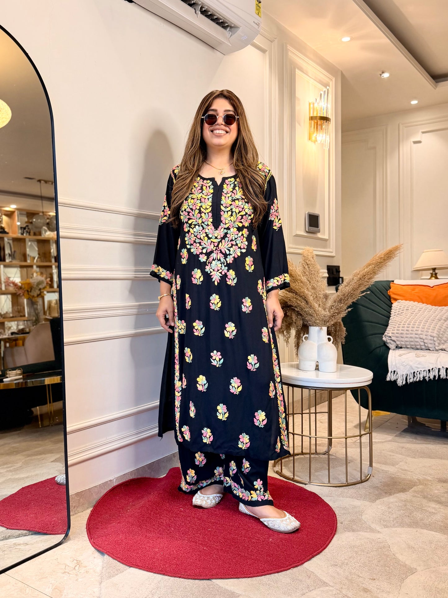Hand Embroidered Chikankari Kurta Set | Modal | Black with Multi colour