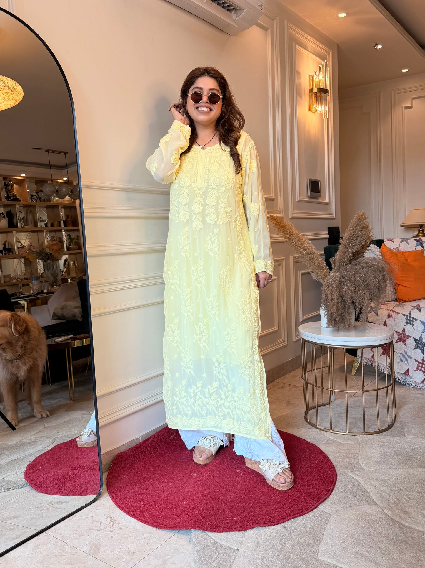 Hand Embroidered 3DChikankari Kurta  | Viscose | Butter Yellow