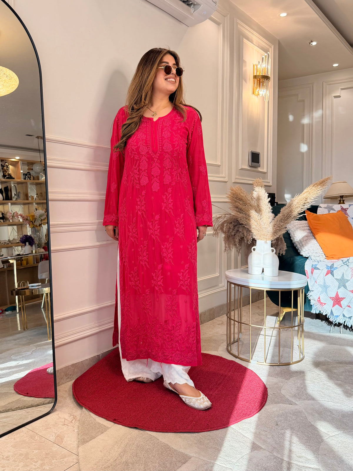 Hand Embroidered 3DChikankari Kurta  | Viscose | Hot Pink