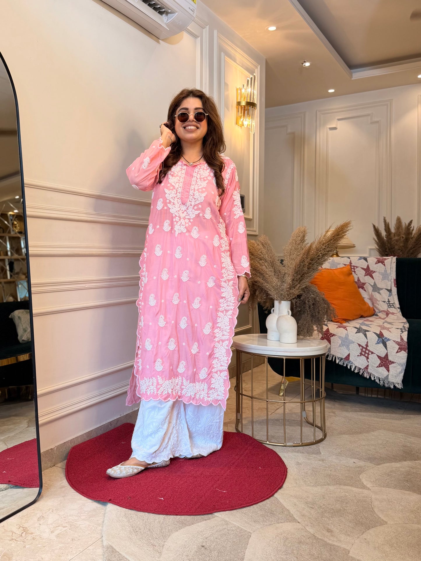Hand embroidered 6D Chikankari Kurta | Mul Chanderi | Pink