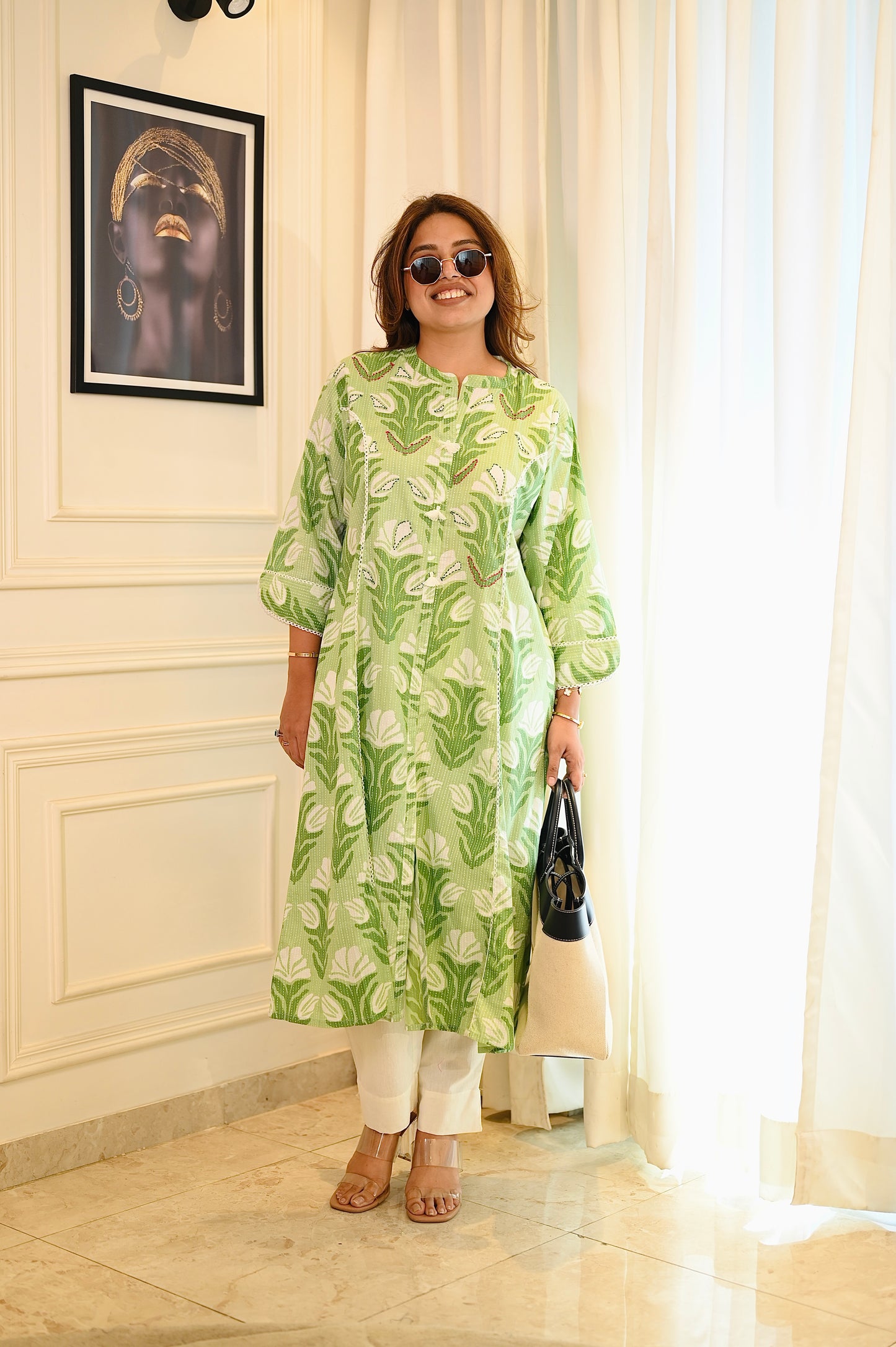 Plus Size Refreshing Green Printed Cotton Kurta Set with Lace Detailing