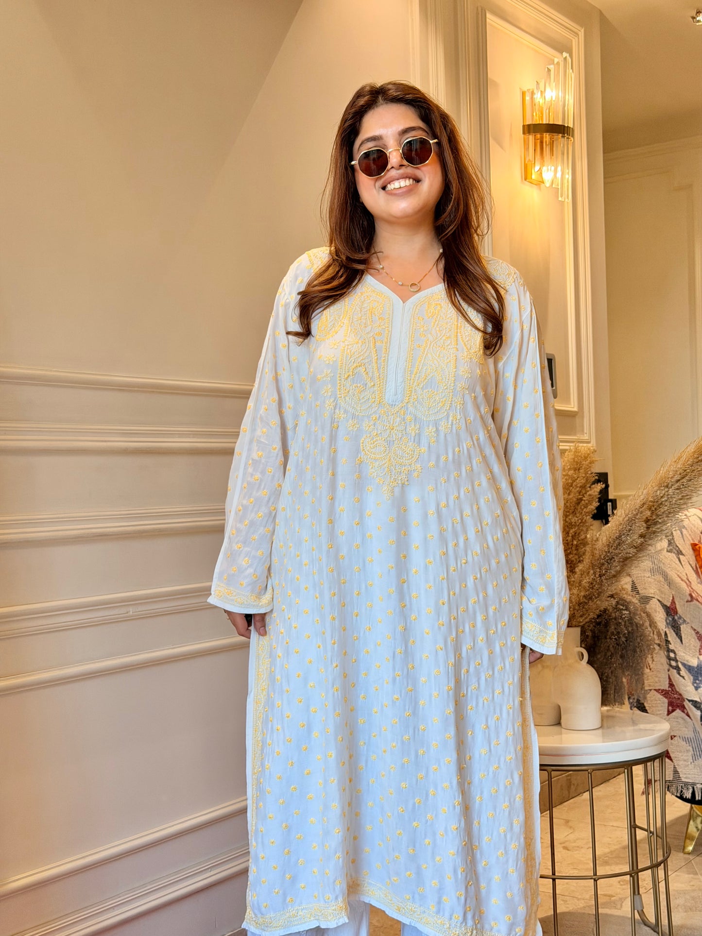 Hand Embroidered Chikankari Kurta  | Mul Chanderi | white with Yellow | Plus Size