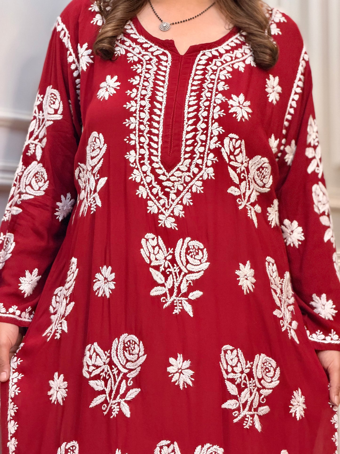 Hand Embroidered 3D Chikankari Kurta | Premium Modal | Mahroon