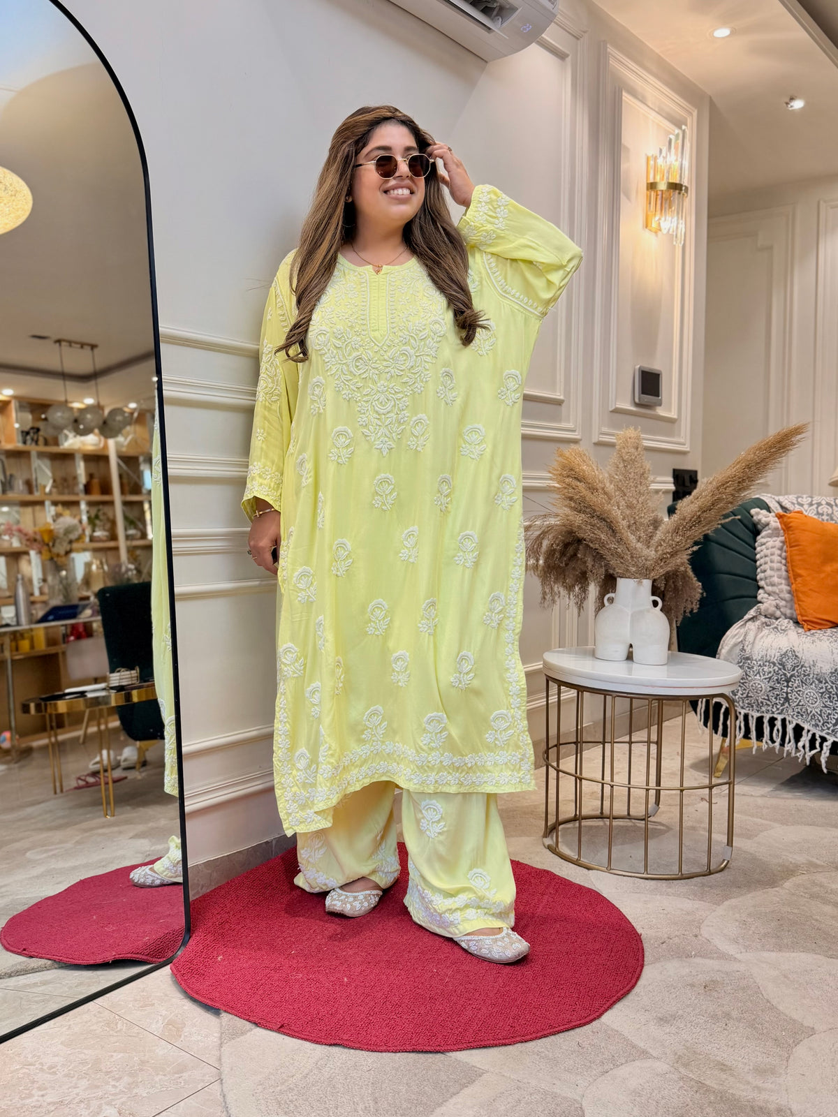 3D Hand Embroidered Chikankari Kurta set | Premium Modal Satin | Neon Green