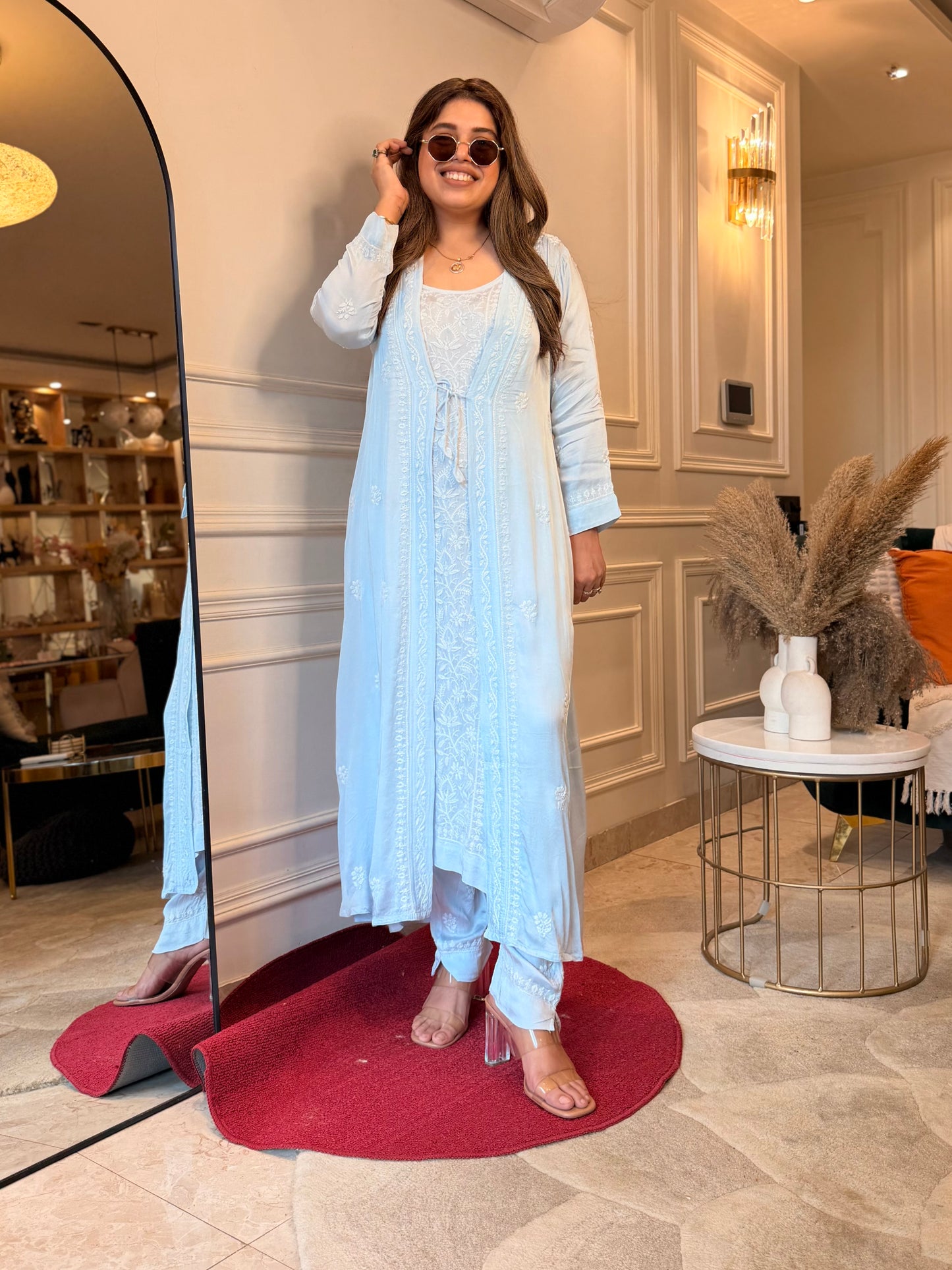 Premium 3 Piece Hand Embroidered Chikankari Kurta set | Modal satin | Powder Blue