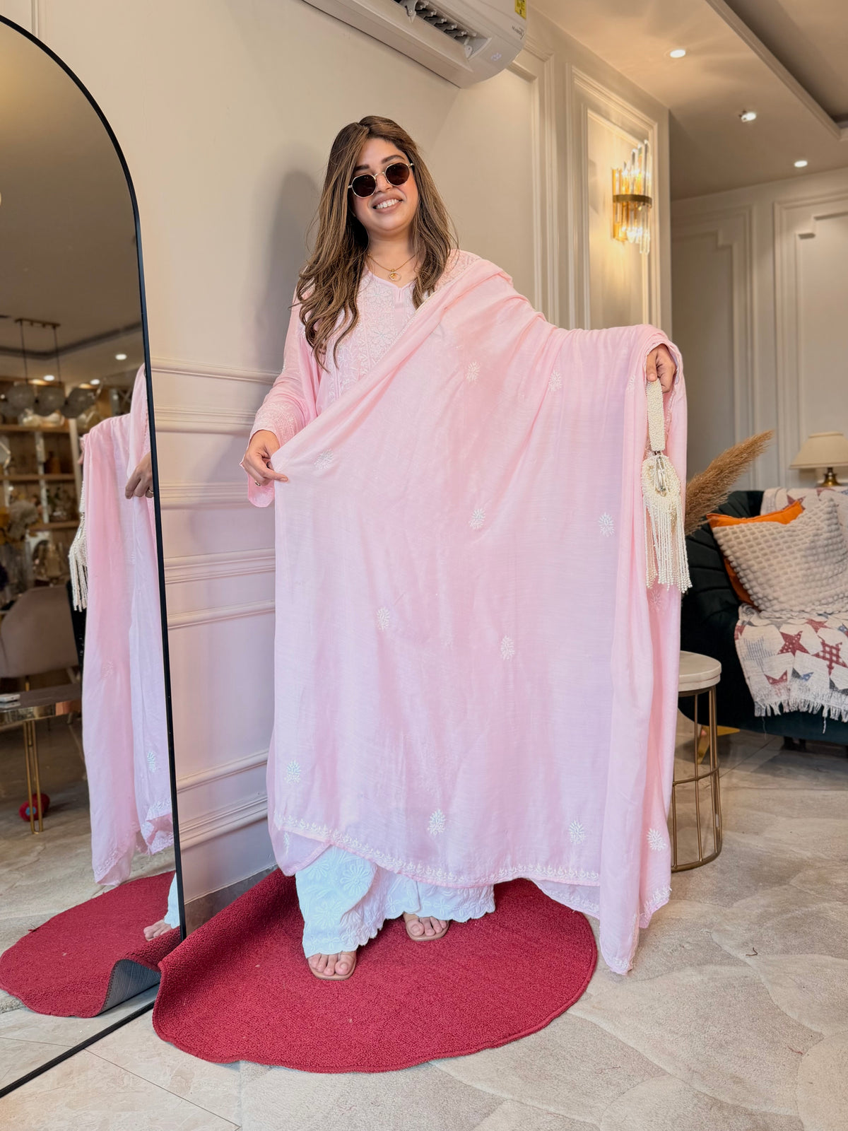 Luxe Hand Embroidered Chikankari Kurta & Duppta | Premium Soft Muslin | Pink