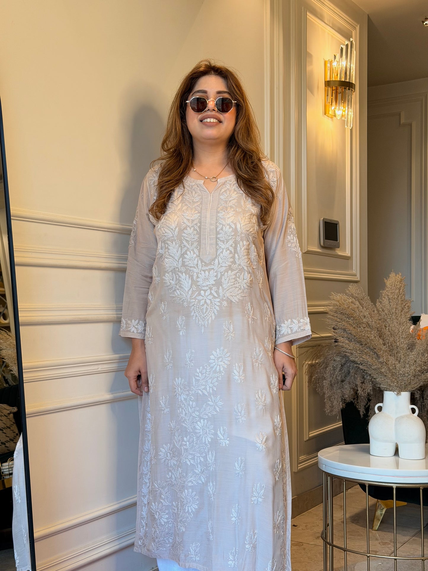 Chikankari Kurta set | Mul Chanderi | Ivory Beige