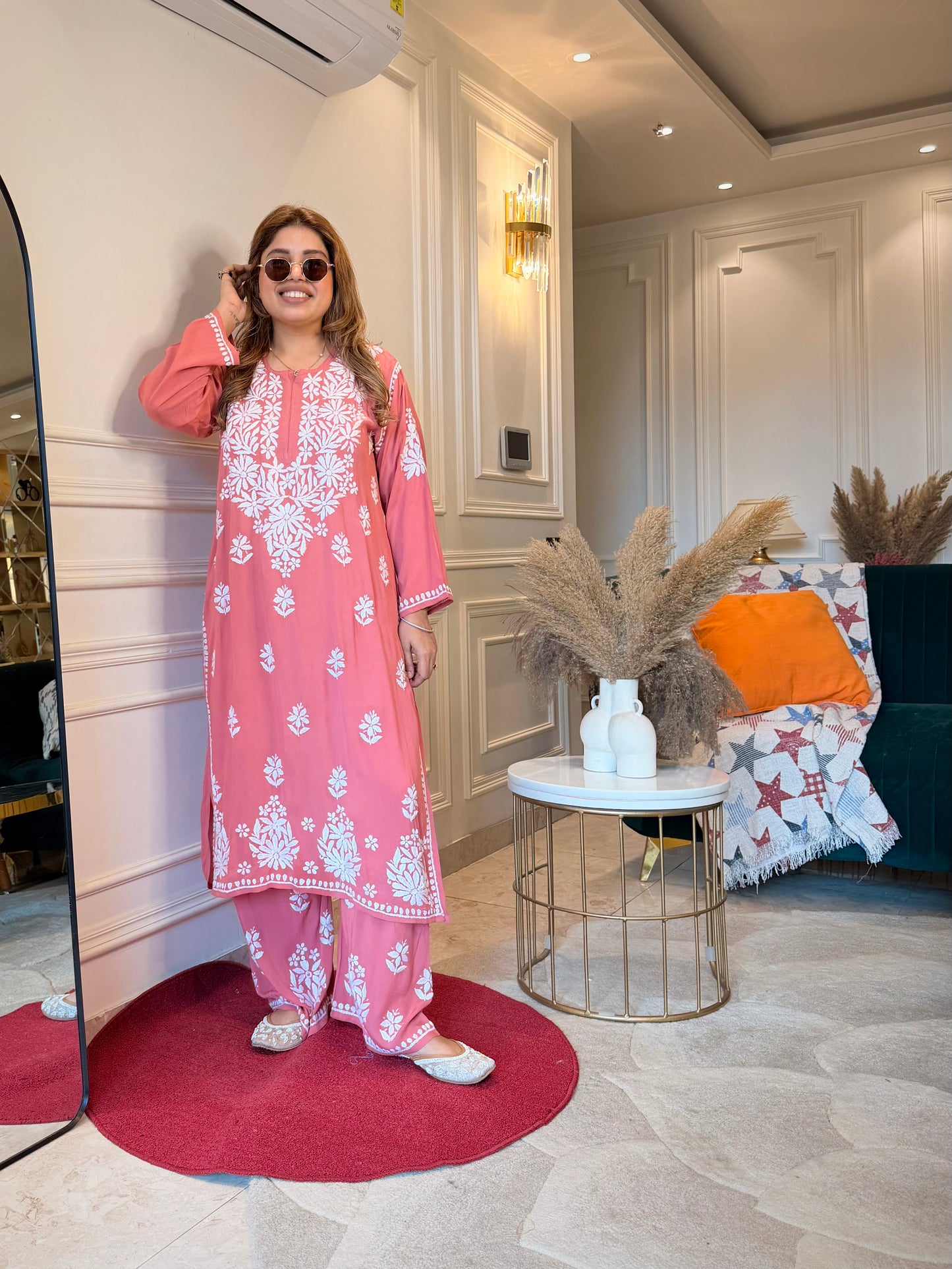 Hand Embroidered Chikankari Kurta set | Modal cotton | Rose Coral