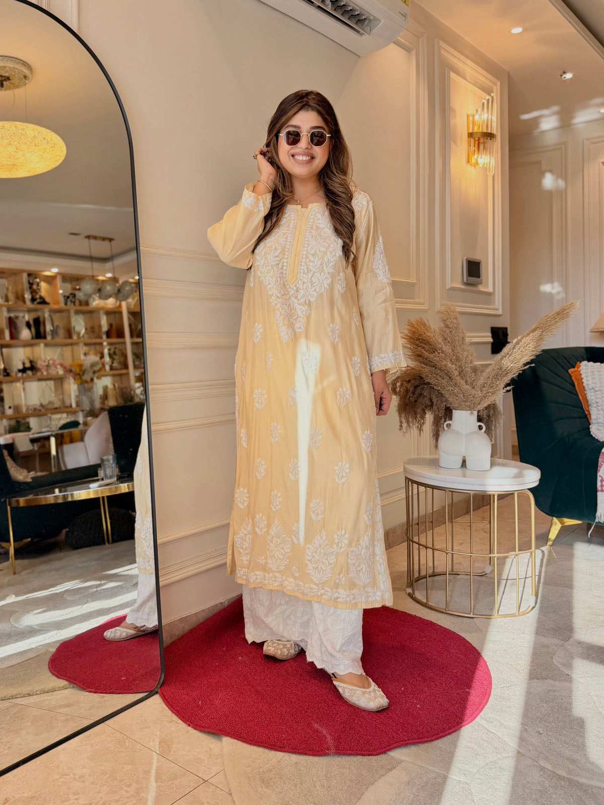 Hand Embroidered 3D Chikankari Kurta | Mul Chanderi | Light Yellow