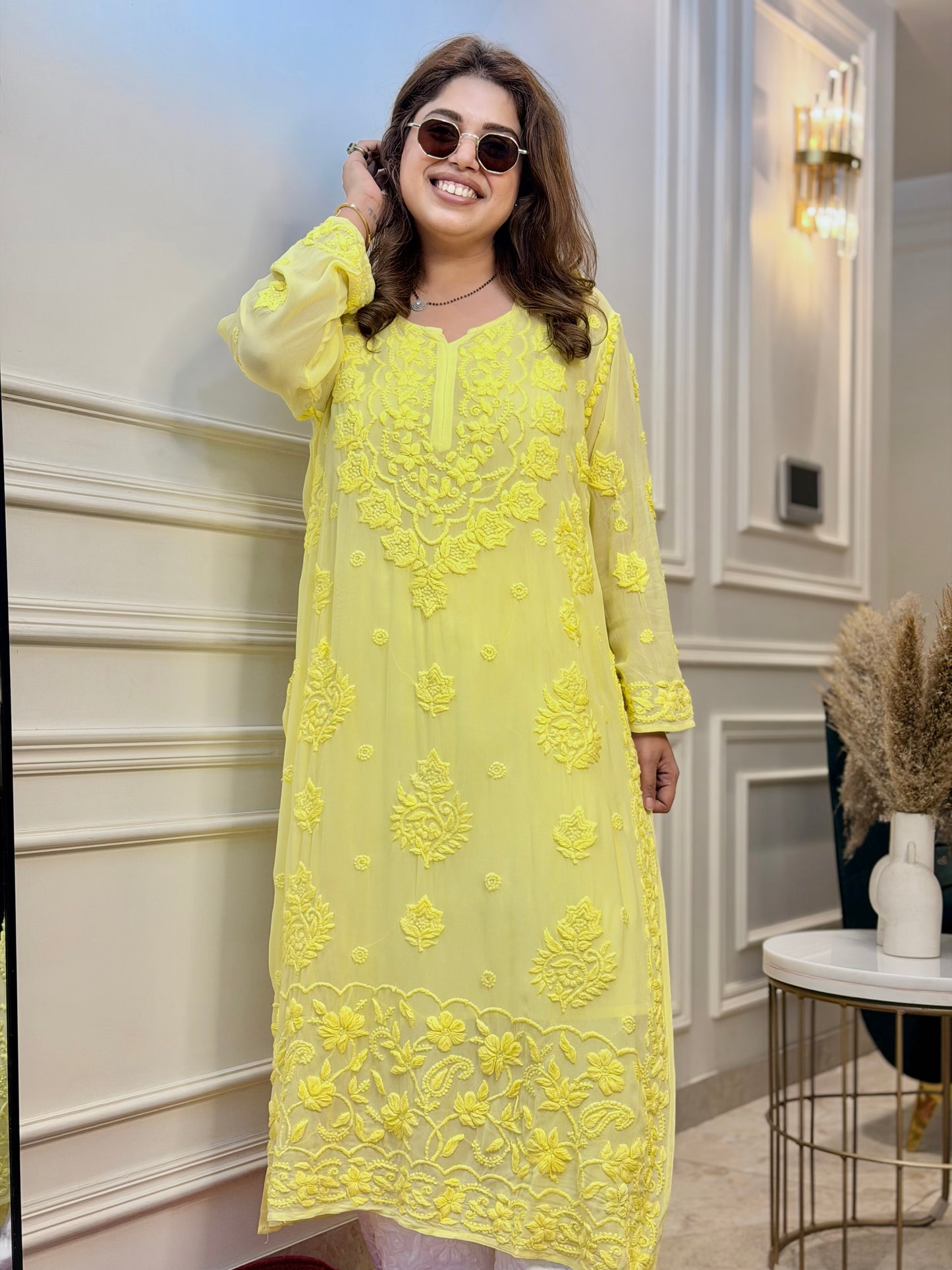 Hand Embroidered 6D Chikankari Kurta  | Premium Viscose | Neon yellow