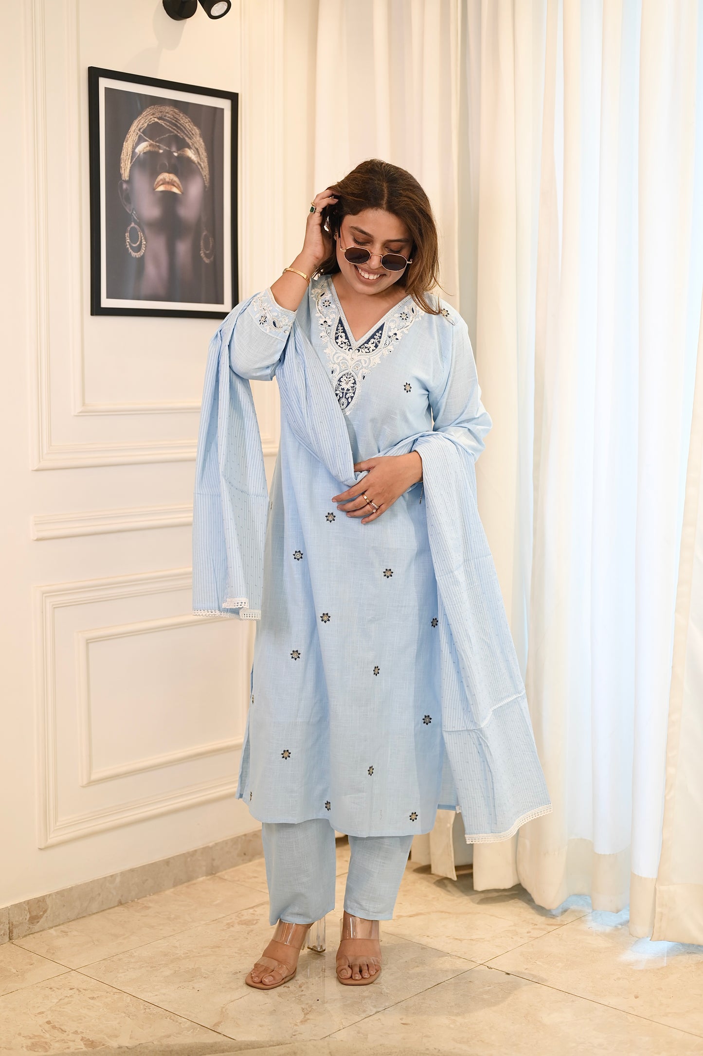Elegant Sky Blue Cotton Suit Set