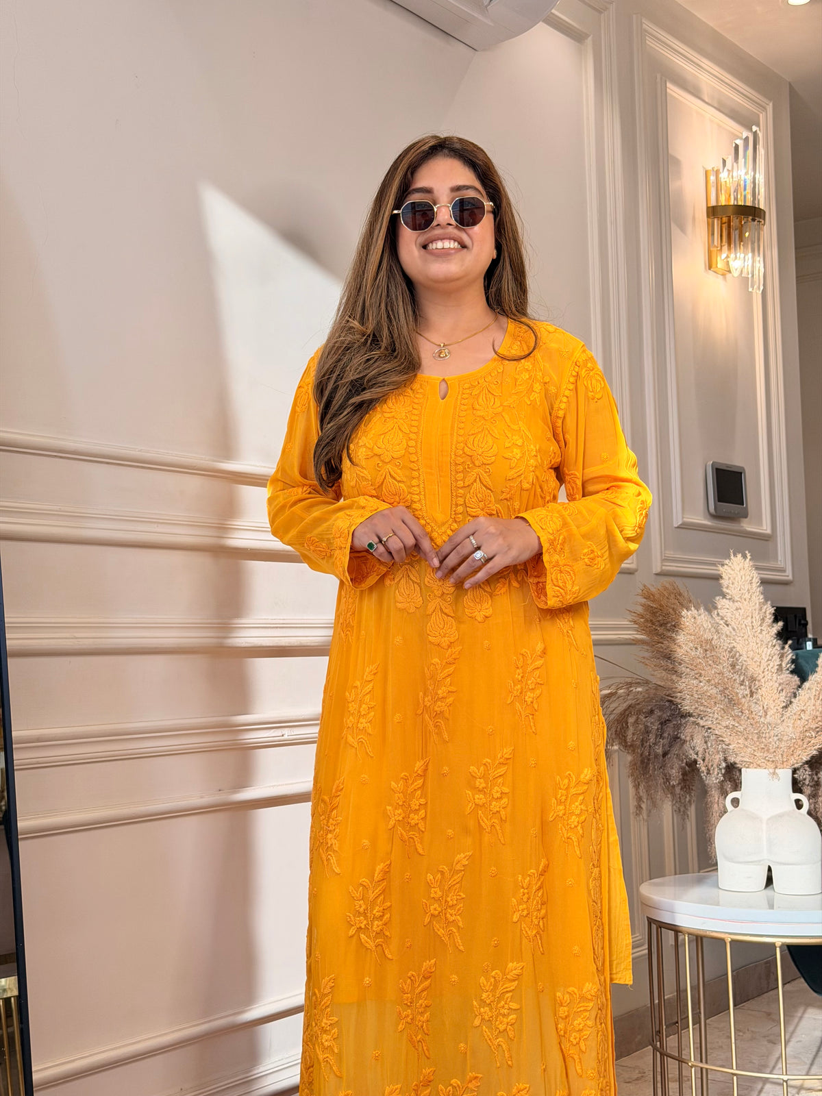 Hand Embroidered 3DChikankari Kurta  | Viscose | Mustard