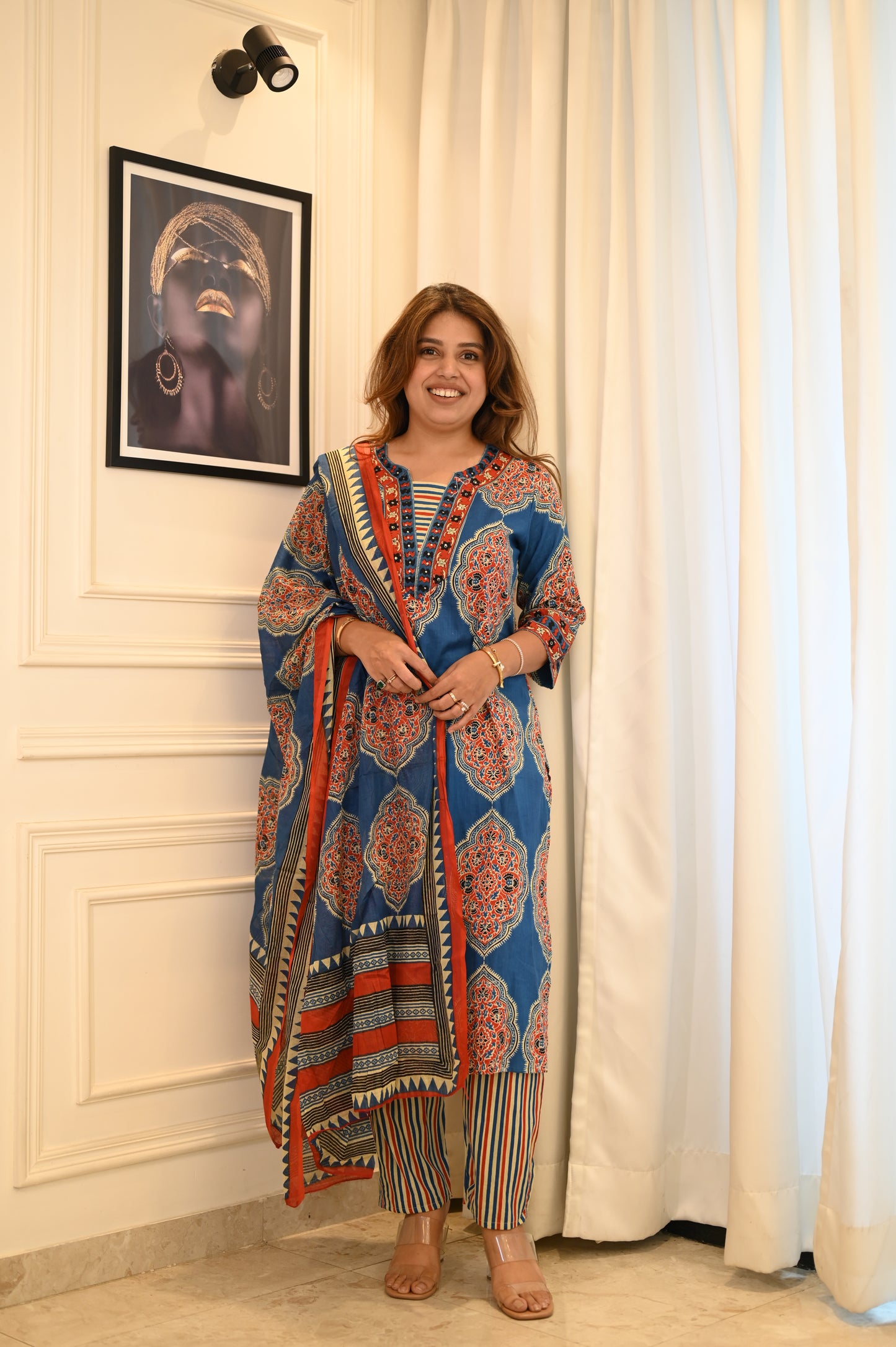 Royal Blue Multicolor Printed Kurta Set with Dupatta