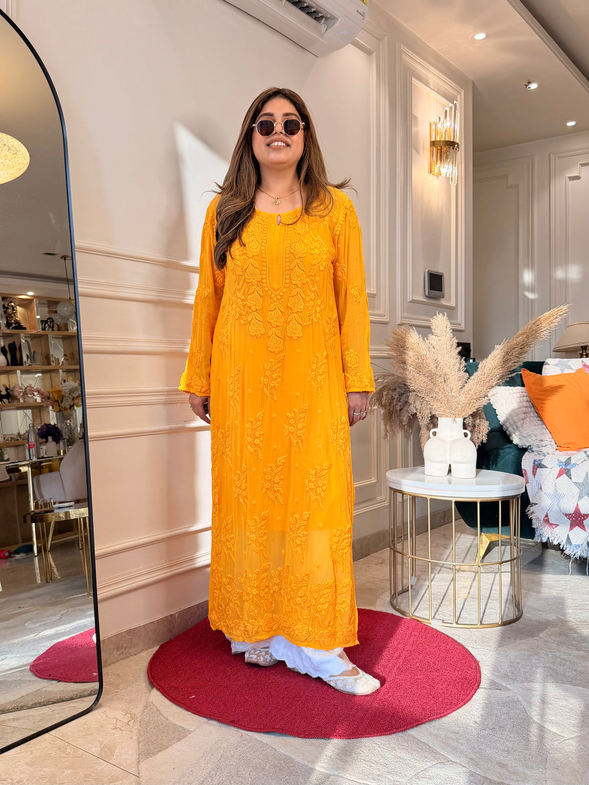 Hand Embroidered 3DChikankari Kurta  | Viscose | Mustard