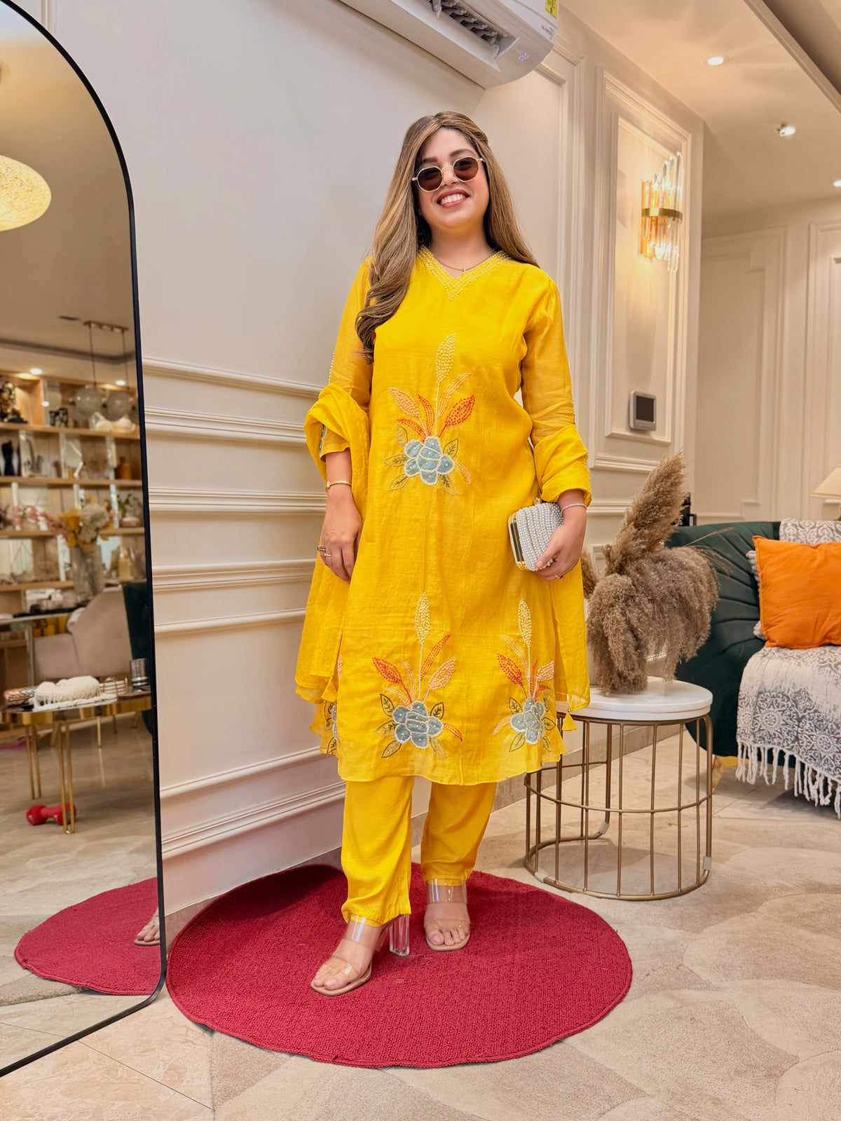 Exclusive Mul Chanderi 3Piece A line kurta set | Mustard