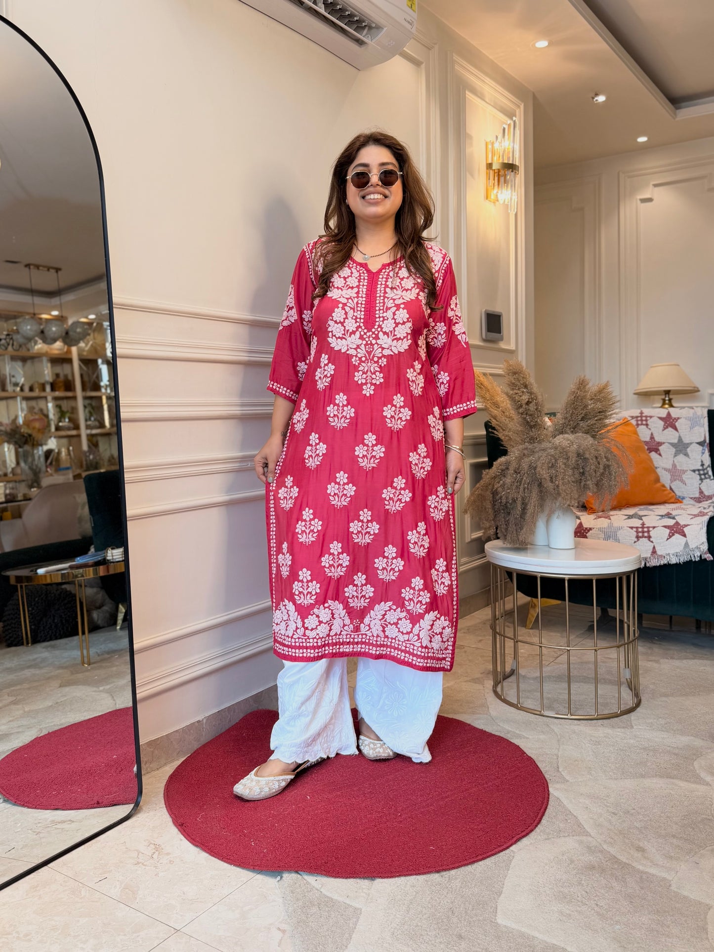 Hand Embroidered 3DChikankari Kurta  | Mul Chanderi | Rose Pink