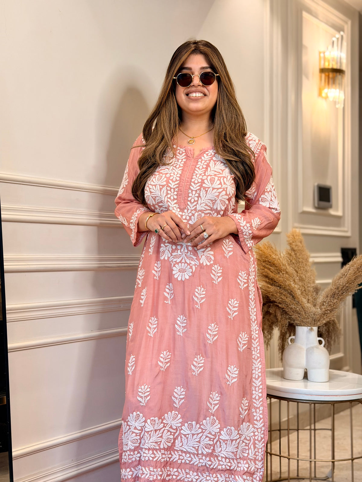 Hand Embroidered 3D Chikankari Kurta | Mul Chanderi | Dusty Pink