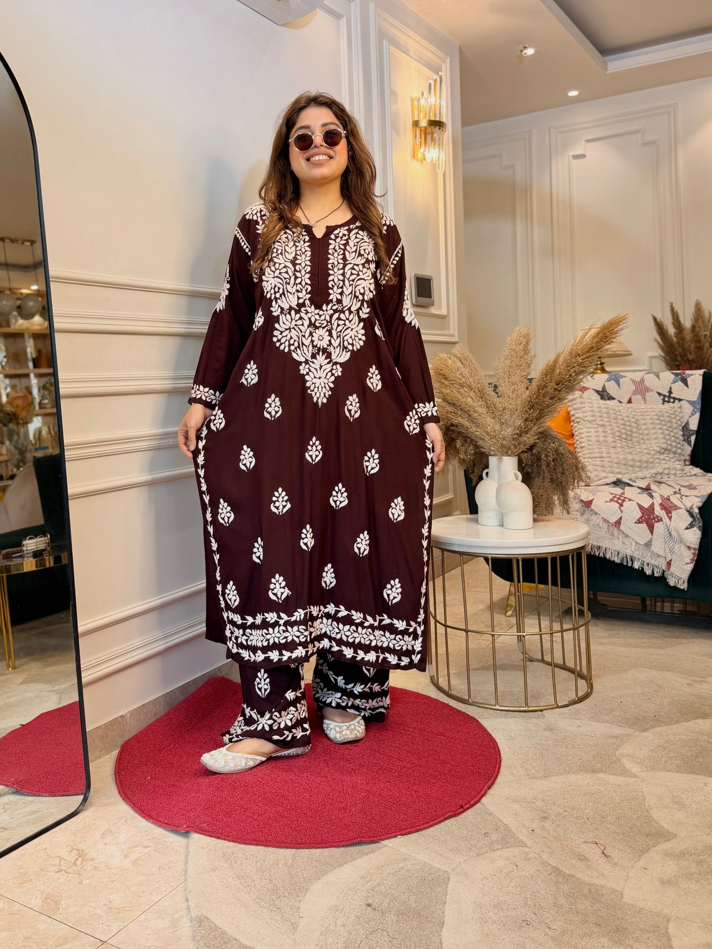 Hand Embroidered Chikankari Kurta set | Modal  | Chocolate Brown