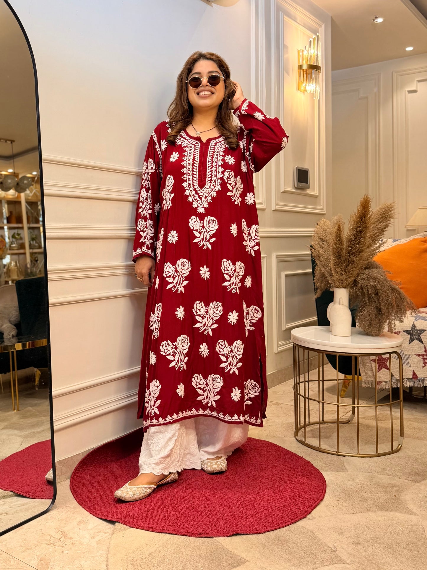 Hand Embroidered 3D Chikankari Kurta | Premium Modal | Mahroon
