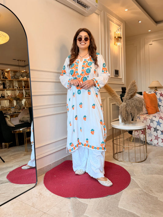 Hand embroidered Chikankari Kurta | Premium Cotton | White with Turquoise & Orange