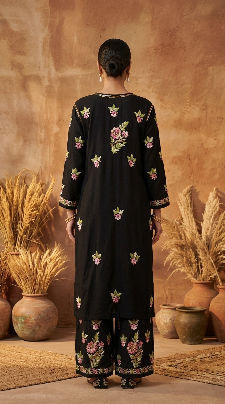Hand Embroidered Chikankari Kurta Set - Black
