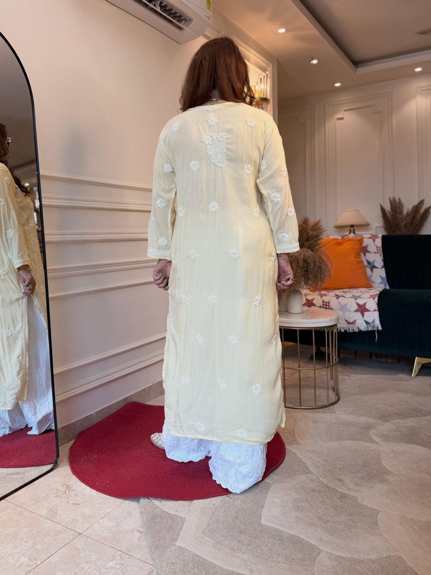 Hand Embroidered 3DChikankari Kurta  | Mul Chanderi | Butter Yellow