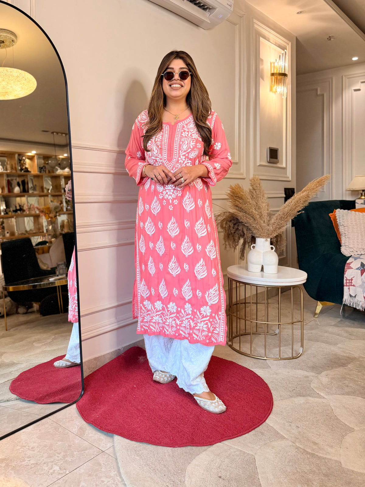 Hand Embroidered 3D Chikankari Kurta | Mul Chanderi | Coral Pink