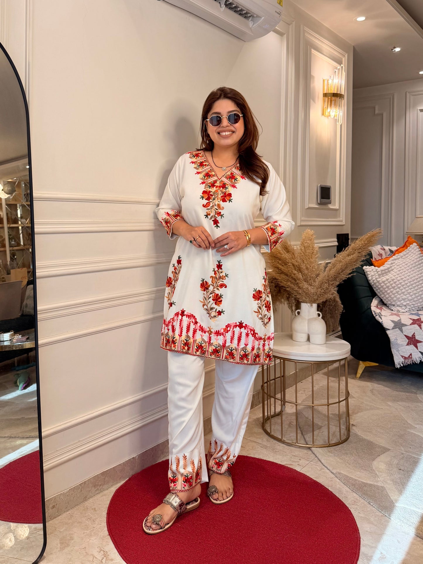 Cotton Kashmiri Emberoried Cordset- Cream colour