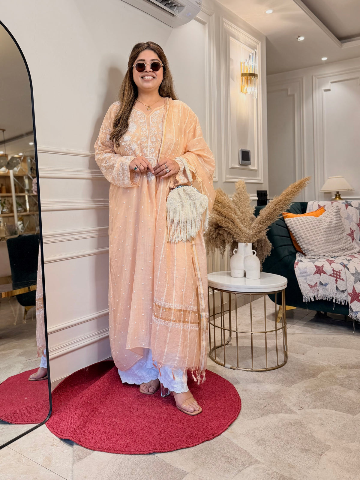 Premium Hand Embroidered Chikankari Kurta & Duppta | Mul Chanderi | Peach