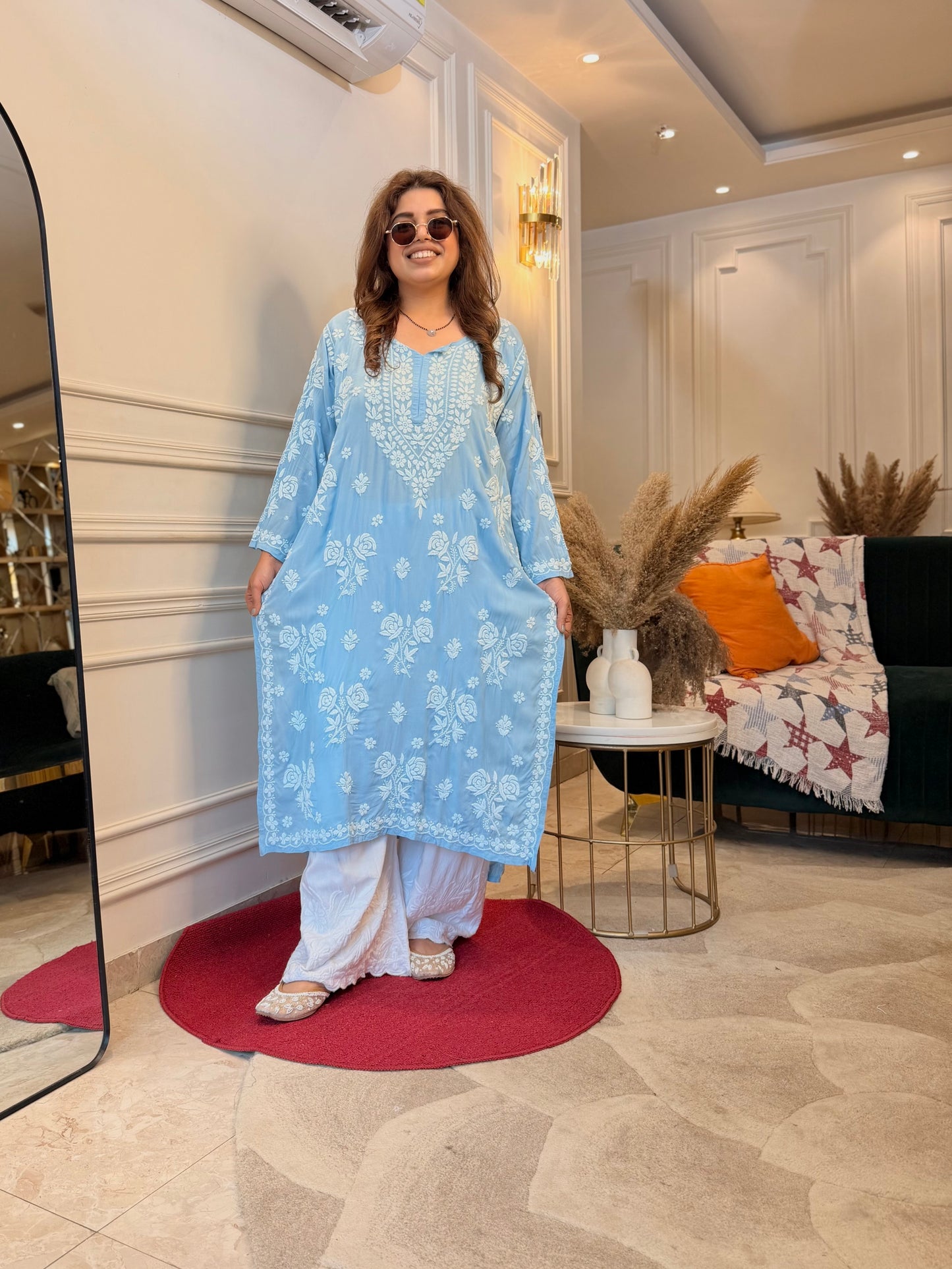 Hand Embroidered 6D Chikankari Kurta | Modal | Powder Blue