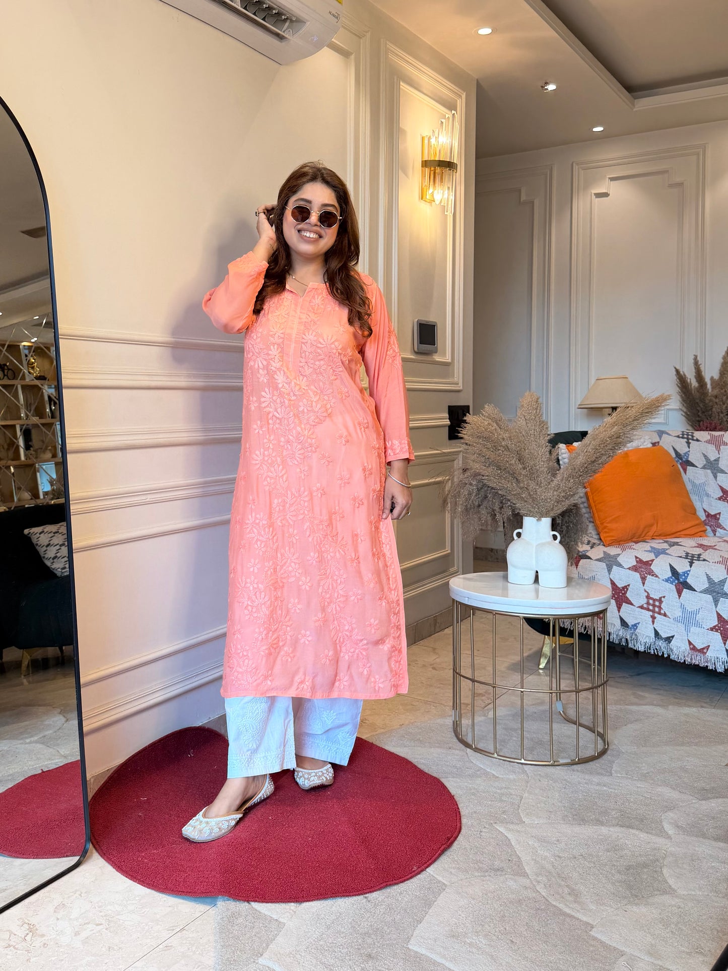 Hand Embroidered Chikankari Kurta set | Mul Chanderi | Rust Orange