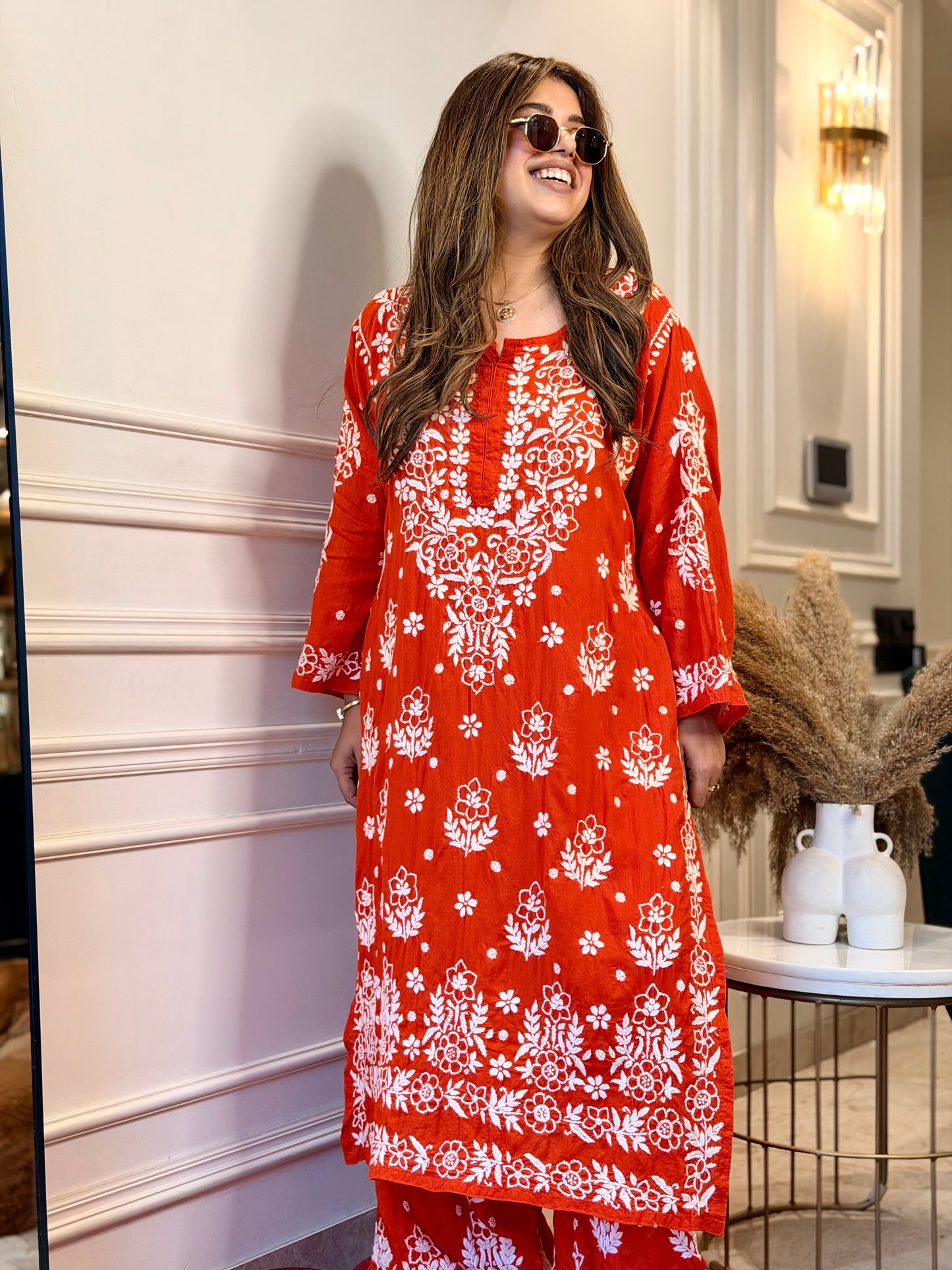 Hand embroidered 3D Chikankari Kurta set | Premium Modal| Orange