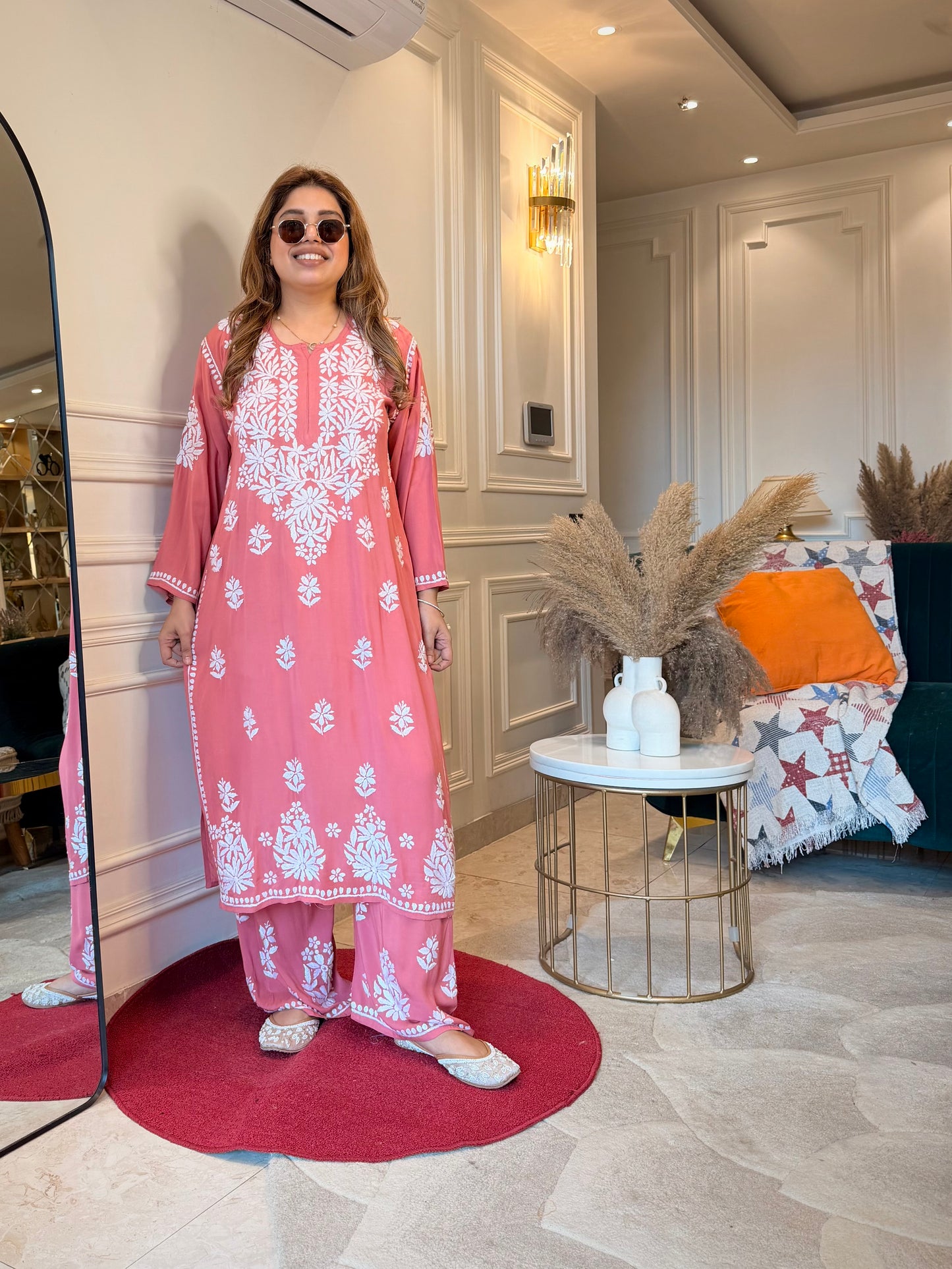 Hand Embroidered Chikankari Kurta set | Modal cotton | Rose Coral