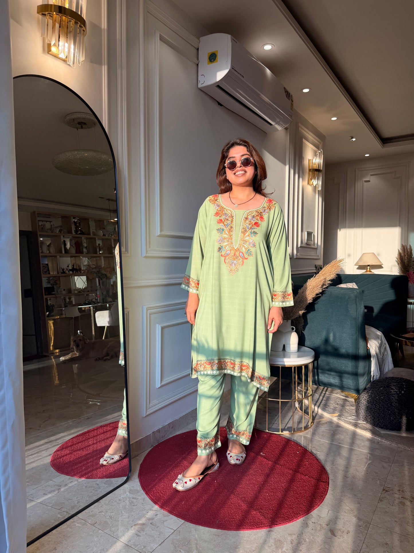 Cotton Kashmiri Emberoried Cordset- Mint Green