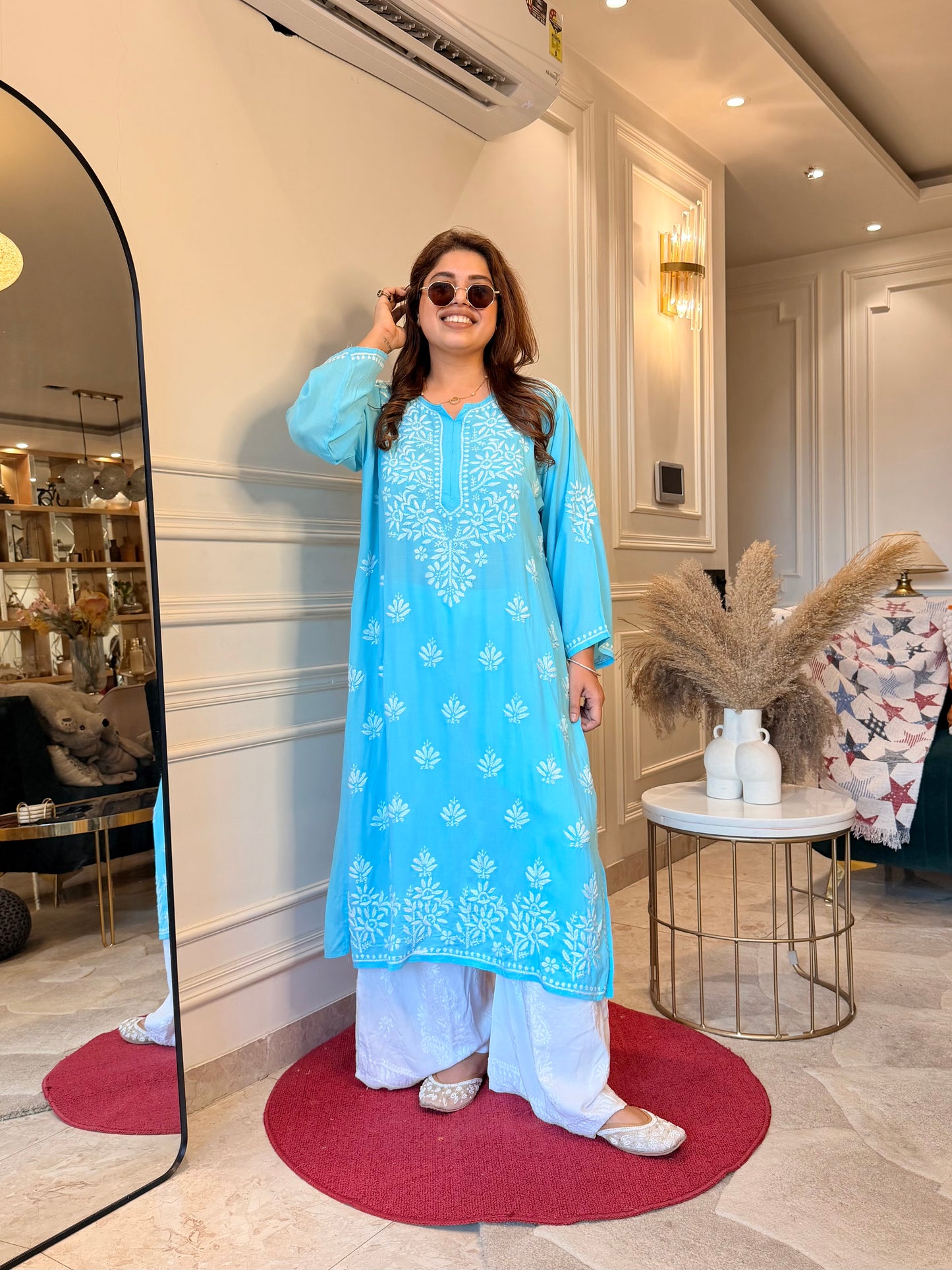 Hand Embroidered Chikankari Kurta | Modal | Turquoise Blue