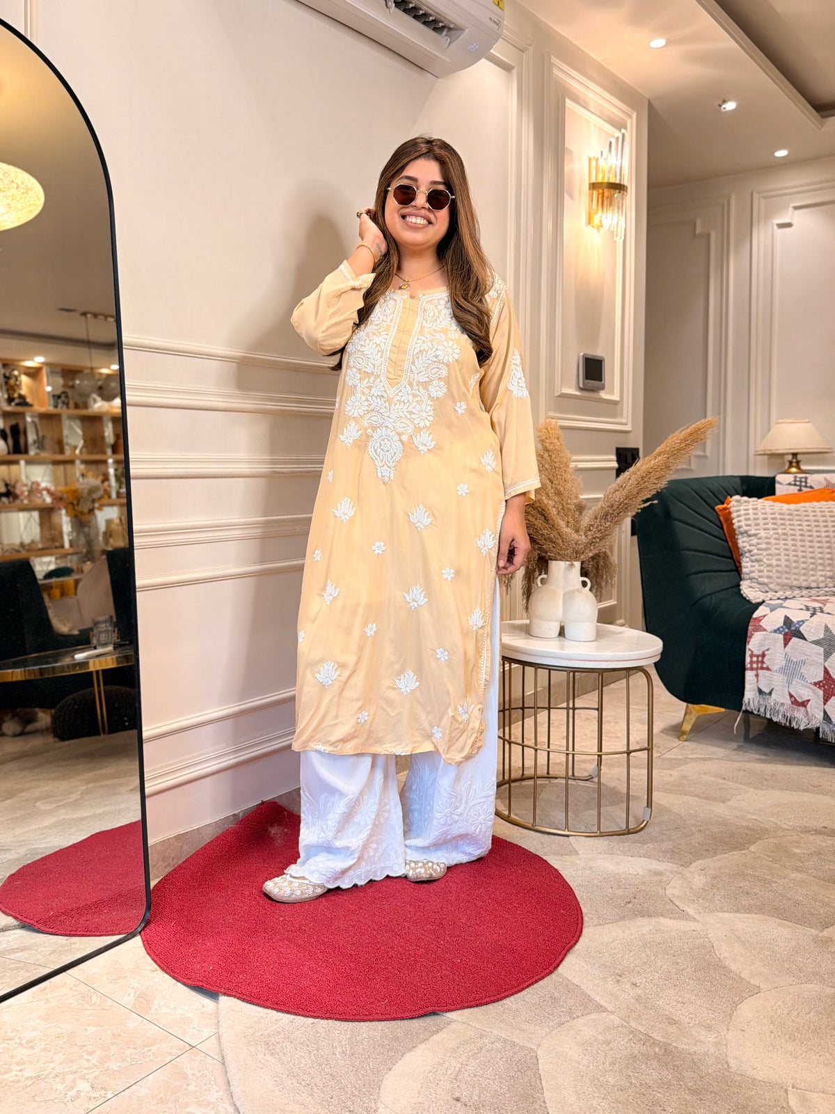 Hand Embroidered 3D Chikankari Kurta | Mul Chanderi | Beige