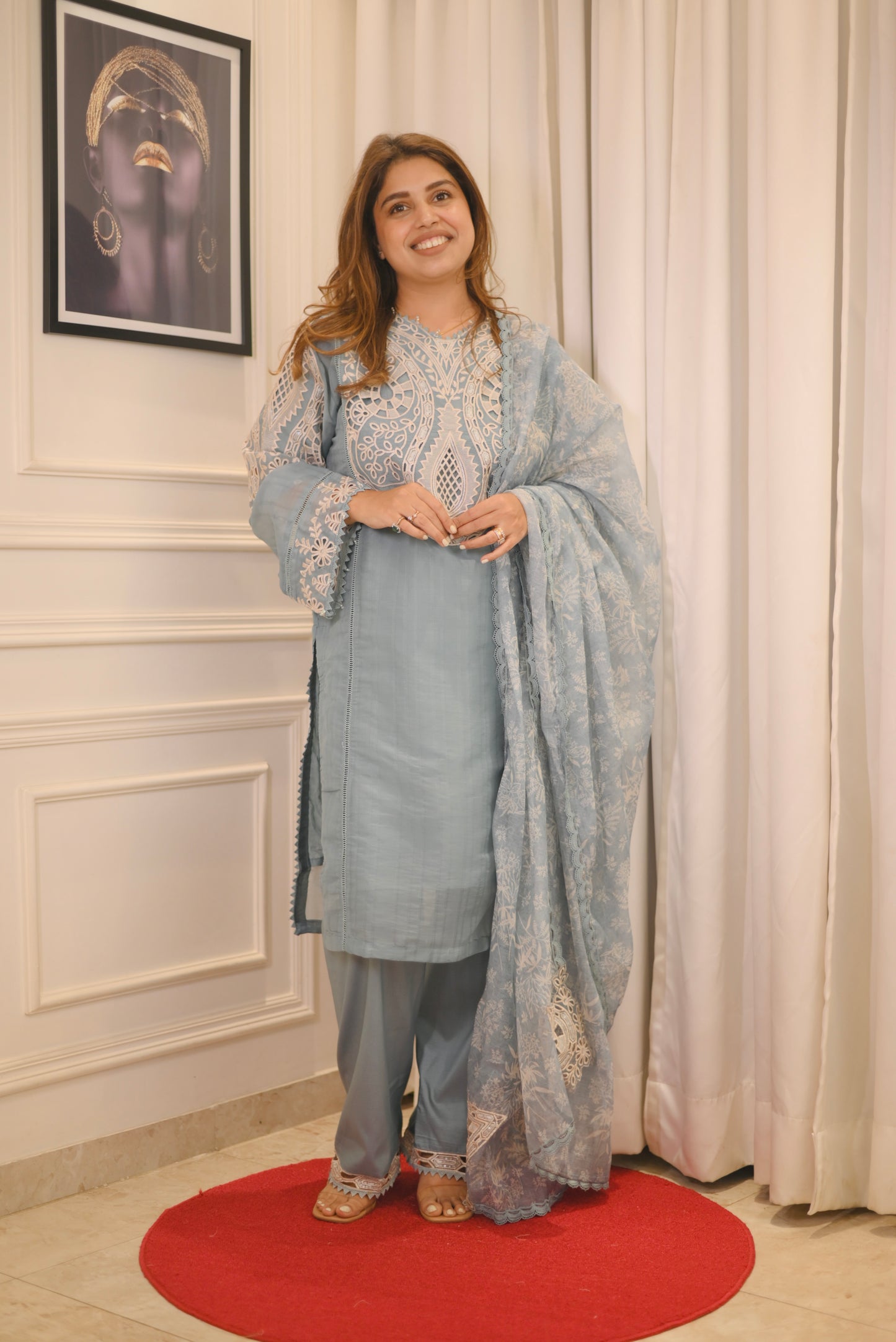 Exclusive Serene Blue Charm – Embroidered 3-Piece Suit Elegance  | Sizes M to XXL