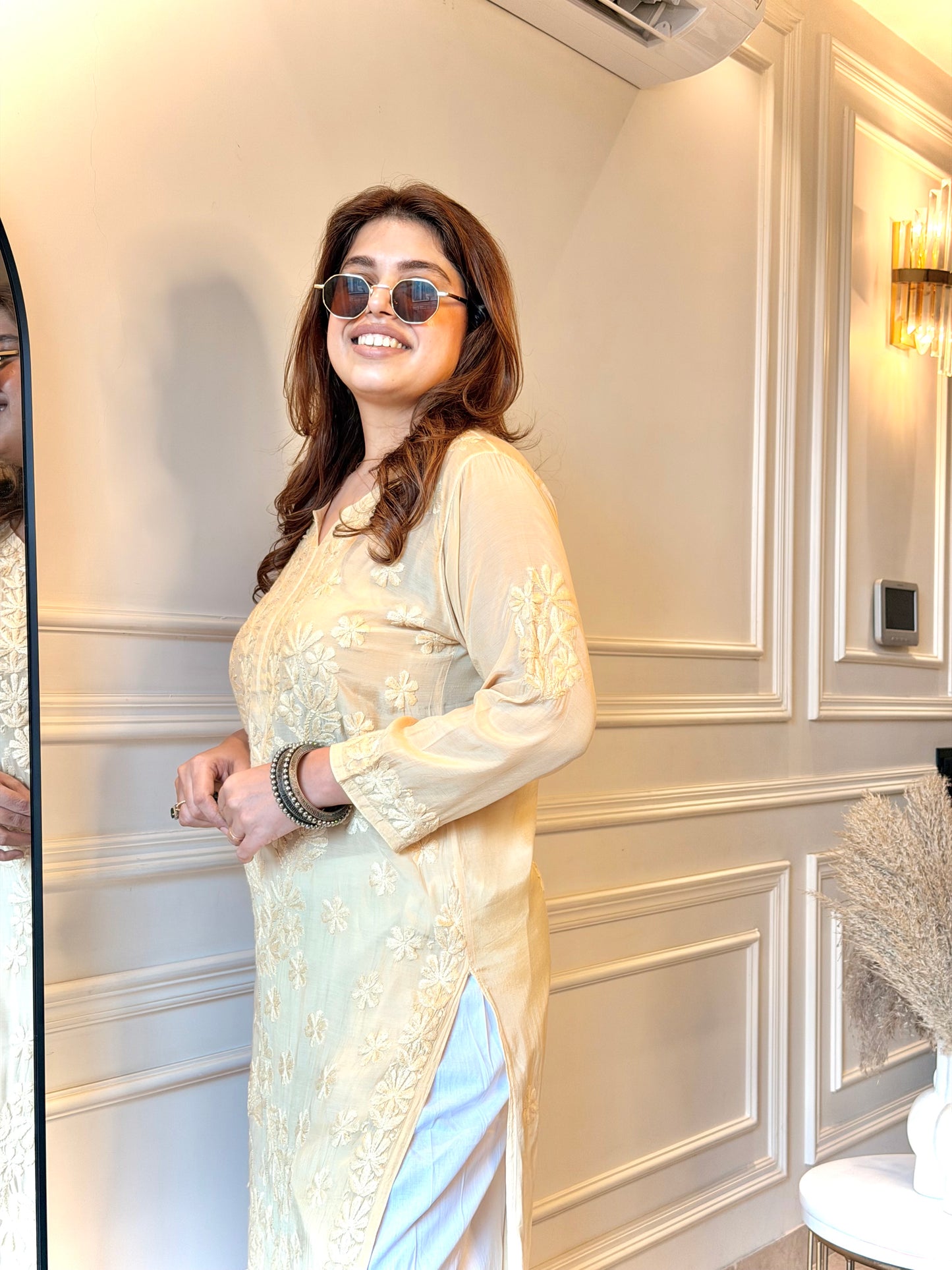 Hand embroidered Chikankari Kurta set | Mul Chanderi | Ivory colour