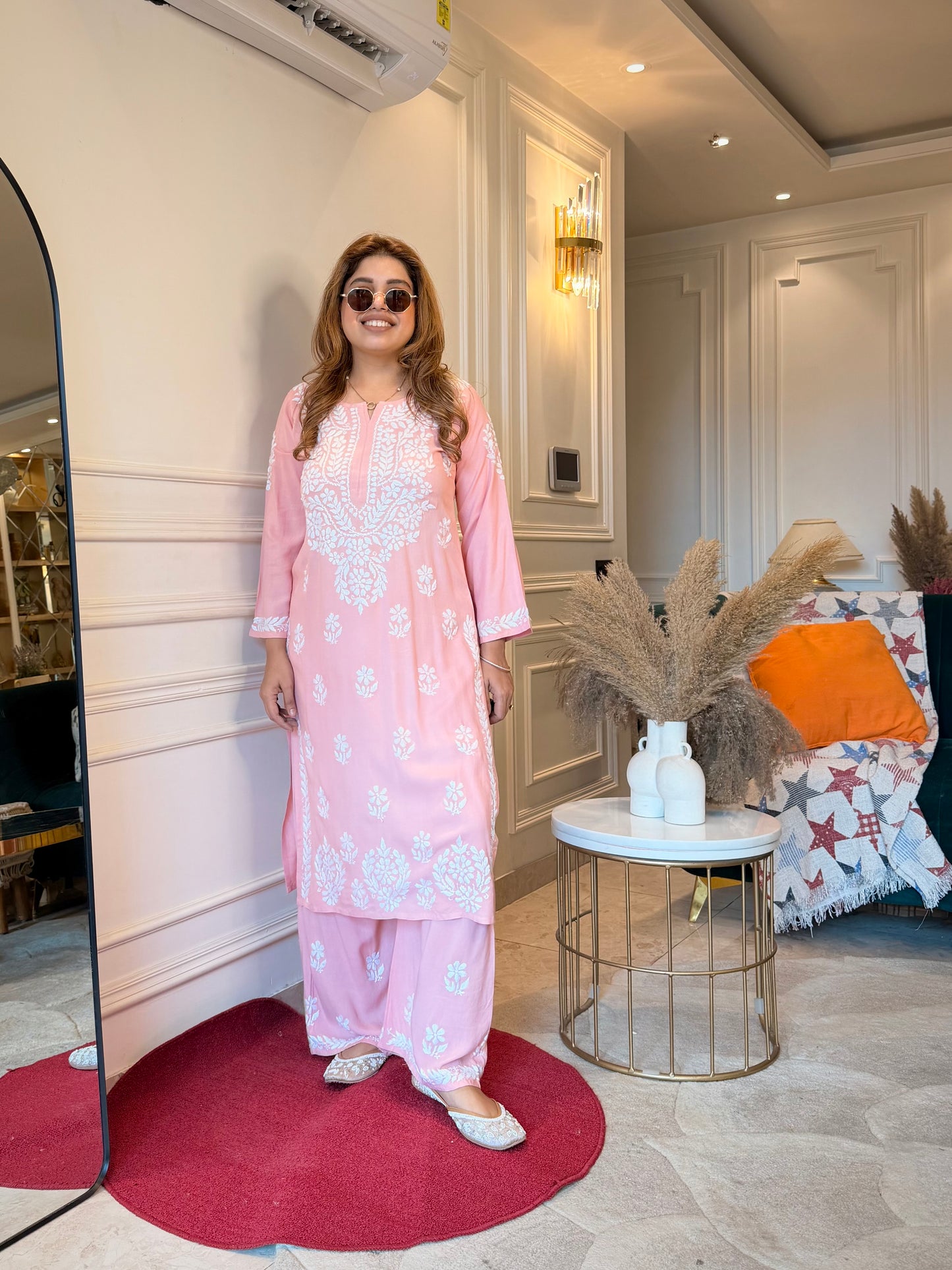 Hand Embroidered Chikankari Kurta set | Modal cotton | Light Peach