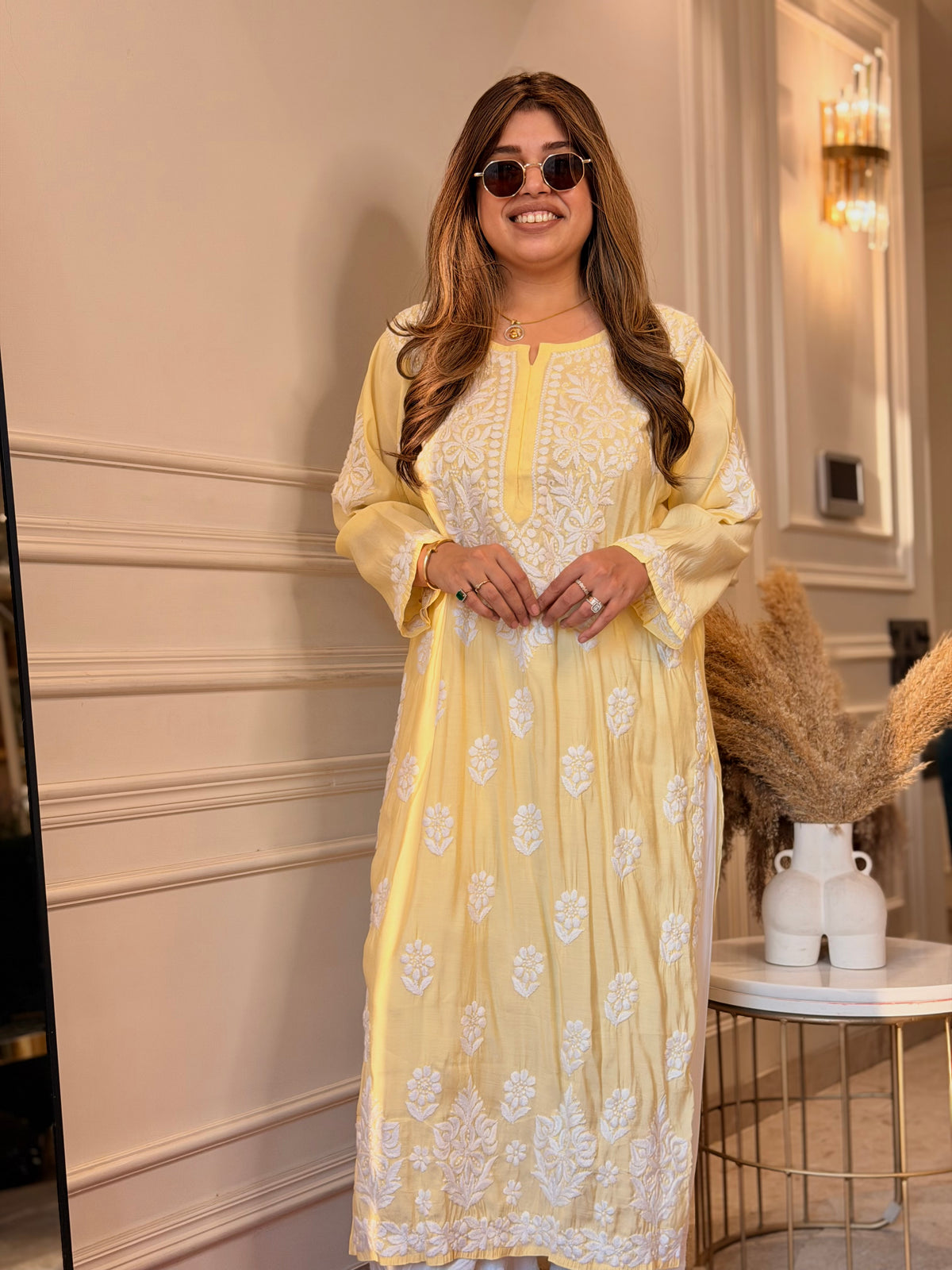 Hand Embroidered 3D Chikankari Kurta | Mul Chanderi | Butter Yellow