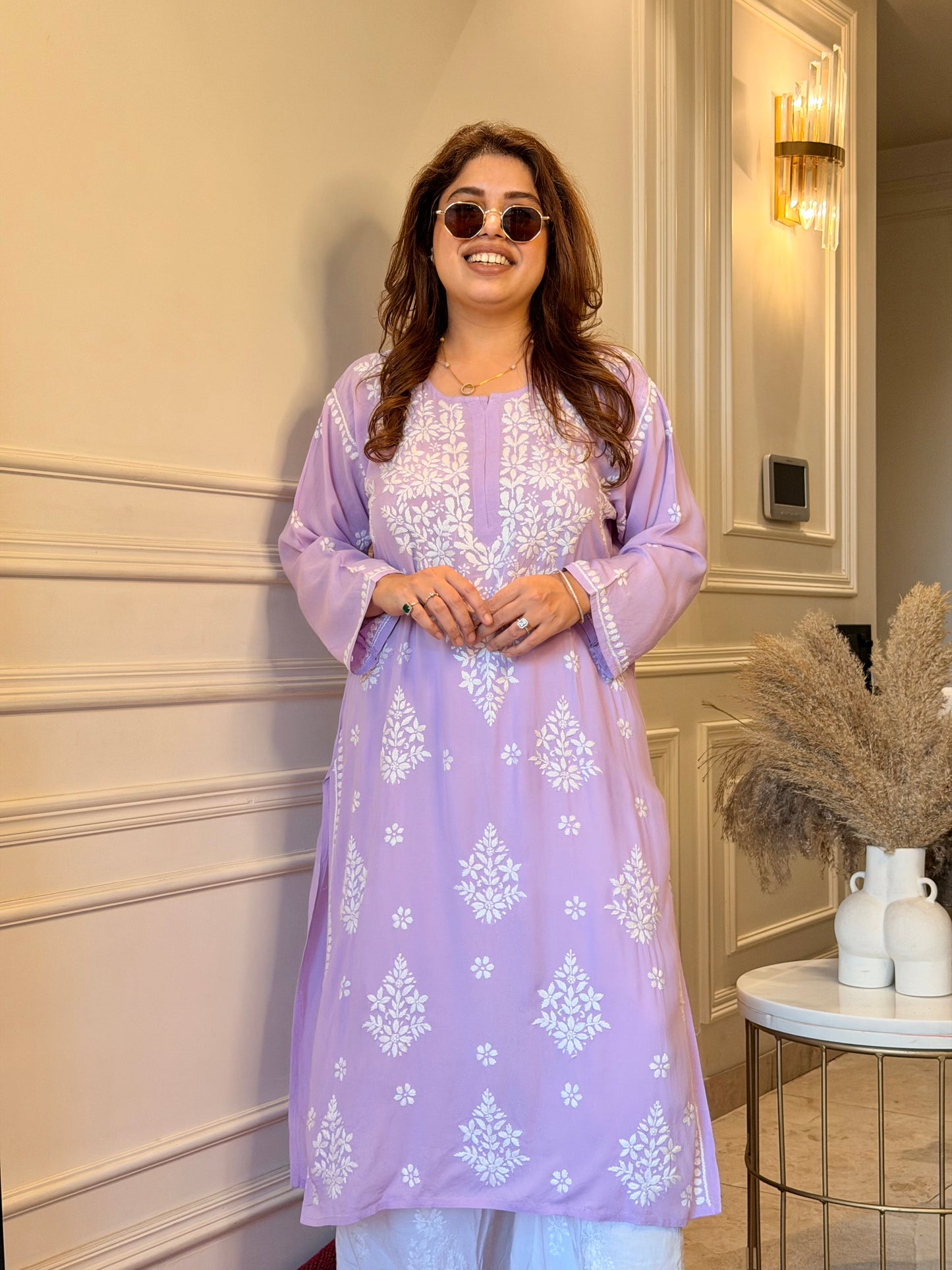 Hand Embroidered Chikankari Kurta | Modal | Lavender Lilac