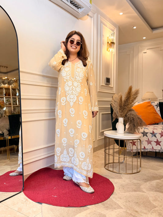 Hand Embroidered 6D Chikankari Kurta  | Premium Viscose | Ivory